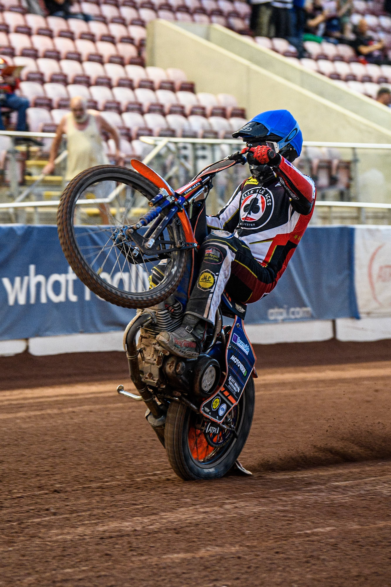 Brady Kurtz celebrates with a wheelie during the Sports Insure Premiership match between Belle Vue Aces and Peterborough at the National Speedway Stadium, Manchester on Monday 19th June 2023. (Photo: Ian Charles | MI News)