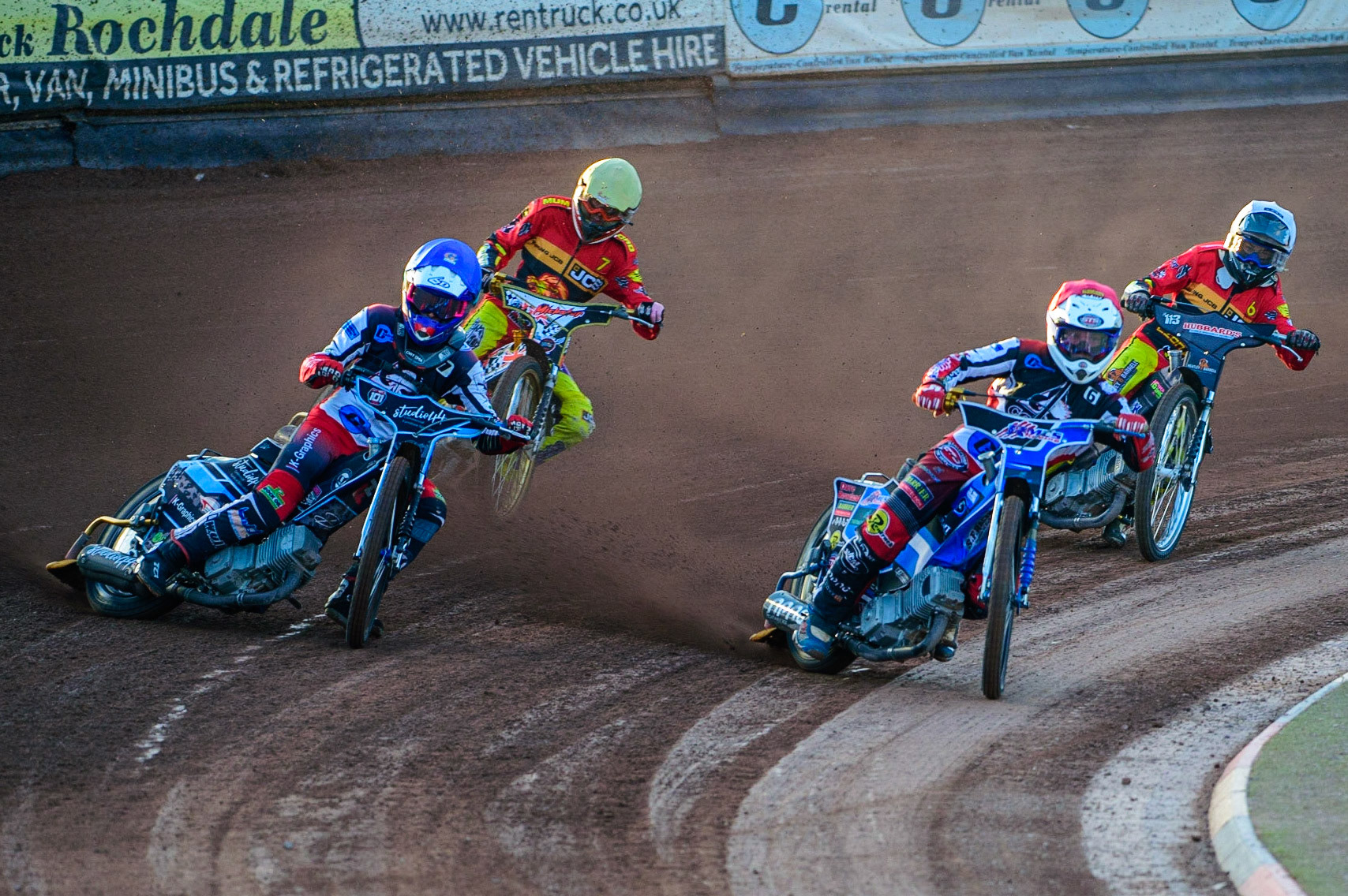 Archie Freeman  (Red) and Freddy Hodder (Blue) lead Vinnie Foord  (White) and Mickie Simpson  (Yellow) during the National Development League match between Belle Vue Aces and Leicester Lions at the National Speedway Stadium, Manchester on Friday 19th August 2022. (Credit: Ian Charles | MI News)