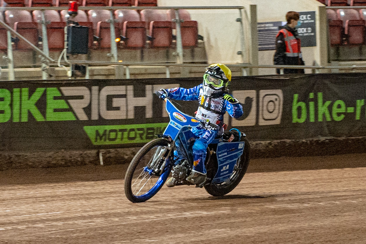 Photo: Ian CharlesStene Pijper celebrates winning the 125cc B Class Final British Youth Speedway Championship (Round 5), National Speedway Stadium, Manchester Saturday  10  October  2020