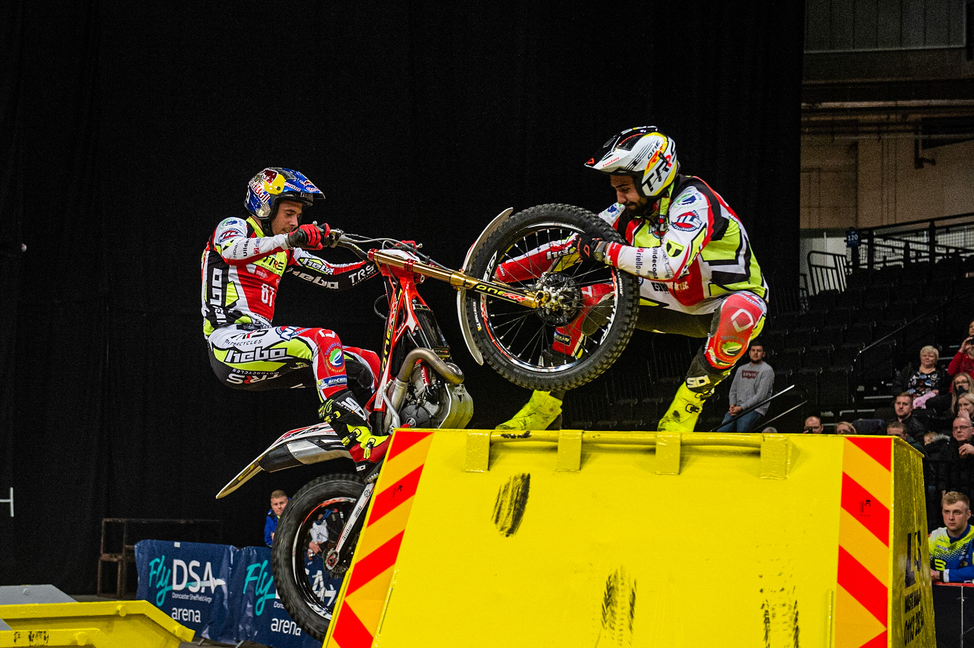 SHEFFIELD, ENGLAND  - DECEMBER 28TH   Adam Raga, Spain (TRRS) struggles on the final section of the final, as his minder grabs the wheel during the 25th Anniversary Sheffield Indoor Trial at the FlyDSA Arena, Sheffield on Saturday 28th December 2019. (Credit: Ian Charles | MI News)