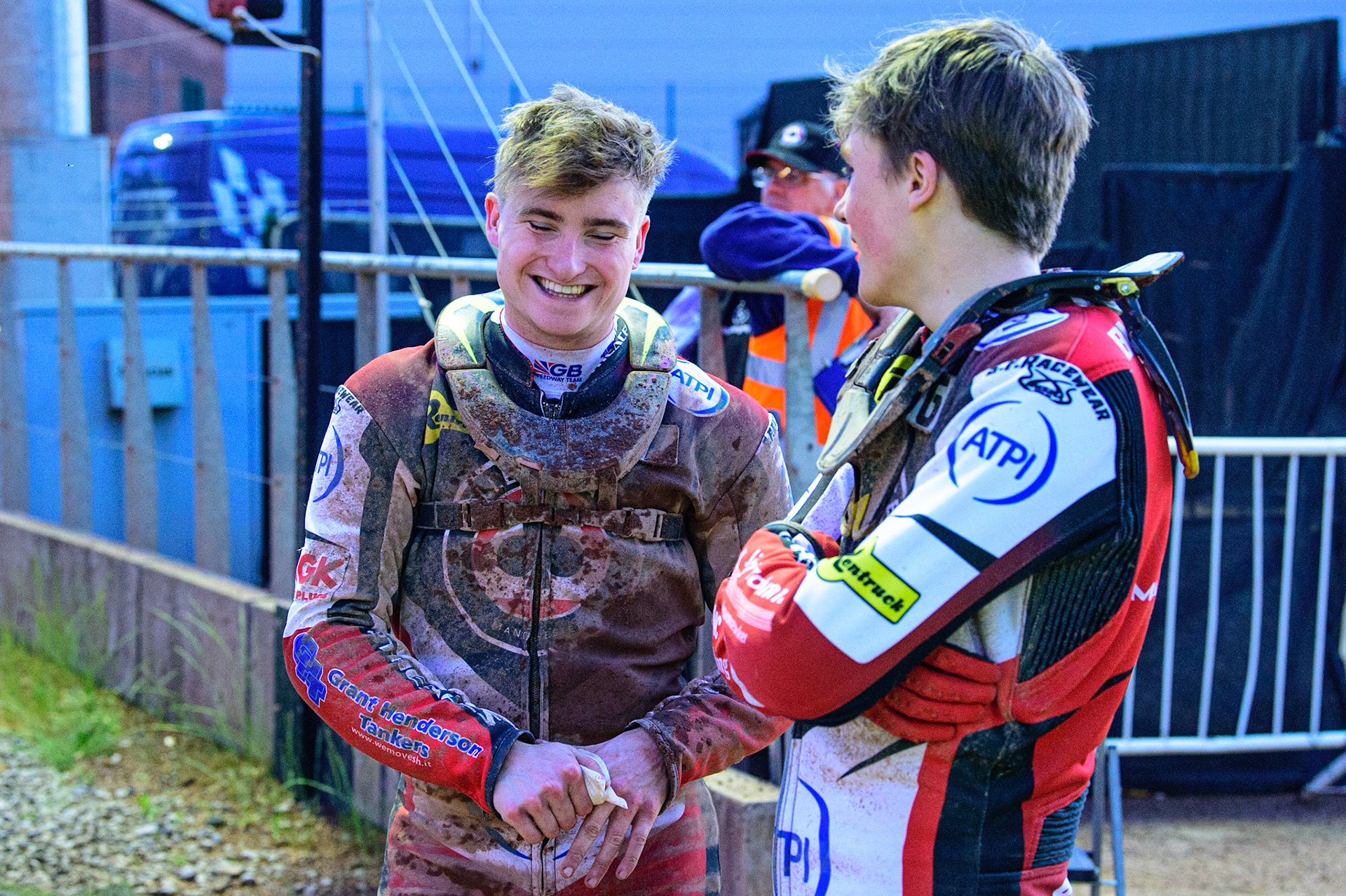 MANCHESTER, UK. MAY 16TH Tom Brennan   (left) with Norick Blödorn  during the SGB Premiership match between Belle Vue Aces and King's Lynn Stars at the National Speedway Stadium, Manchester on Monday 16th May 2022. (Credit: Ian Charles | MI News)
