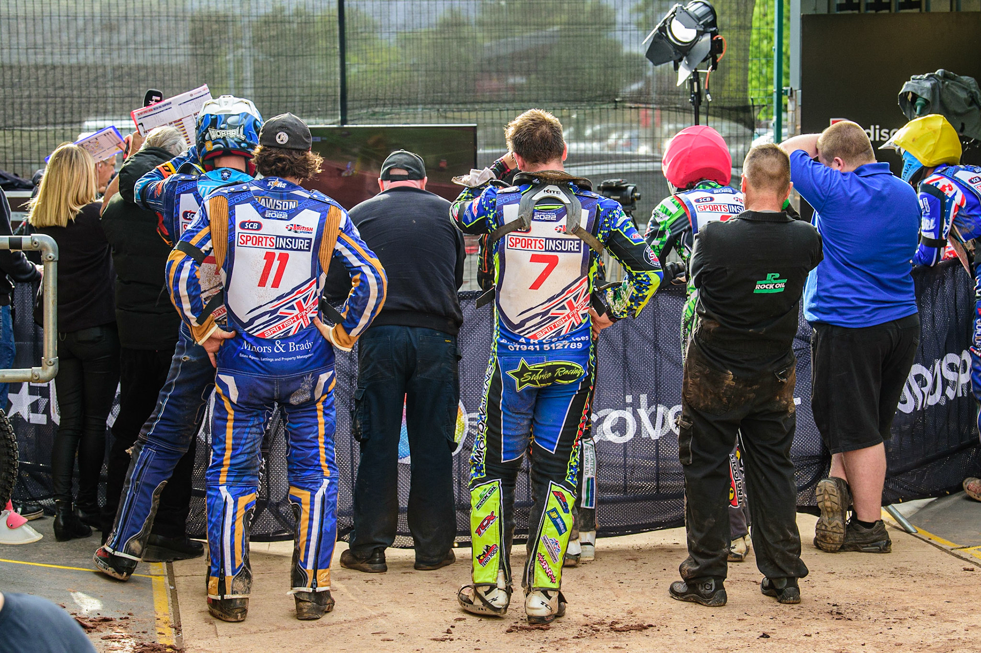 Riders watch the Eurosport coverage in the pits during the Sports Insure British Speedway Final, at the National Speedway Stadium, Manchester, on Sunday 18th September 2022. (Credit: Ian Charles | MI News )