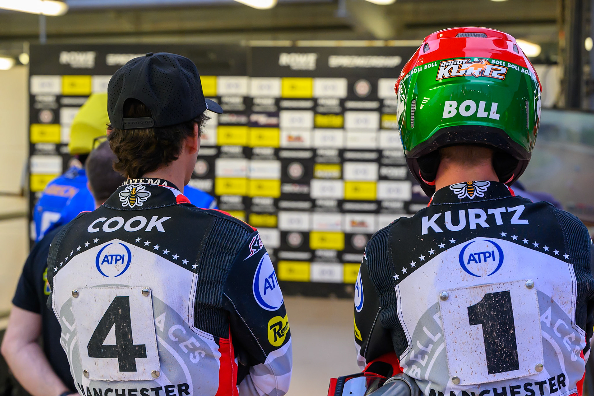 Zach Cook of Belle Vue Aces (Left) andBrady Kurtz of Belle Vue Aces watch the TV Monitor during the Rowe Motor Oil Premiership match between Belle Vue Aces and King's Lynn Stars at the National Speedway Stadium, Manchester on Monday 29th June 2026. (Photo: Ian Charles | MI News)