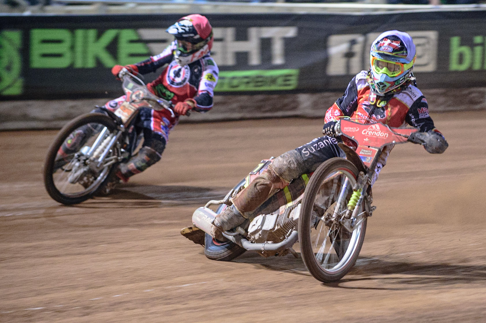 MANCHESTER, UK. OCT 11TH  Michael Palm Toft   (White) inside Dan Bewley  (Red) during the SGB Premiership Grand Final 1st Leg between Belle Vue Aces and Peterborough Panthers at the National Speedway Stadium, Manchester on Monday 11th October 2021. (Credit: Ian Charles | MI News)