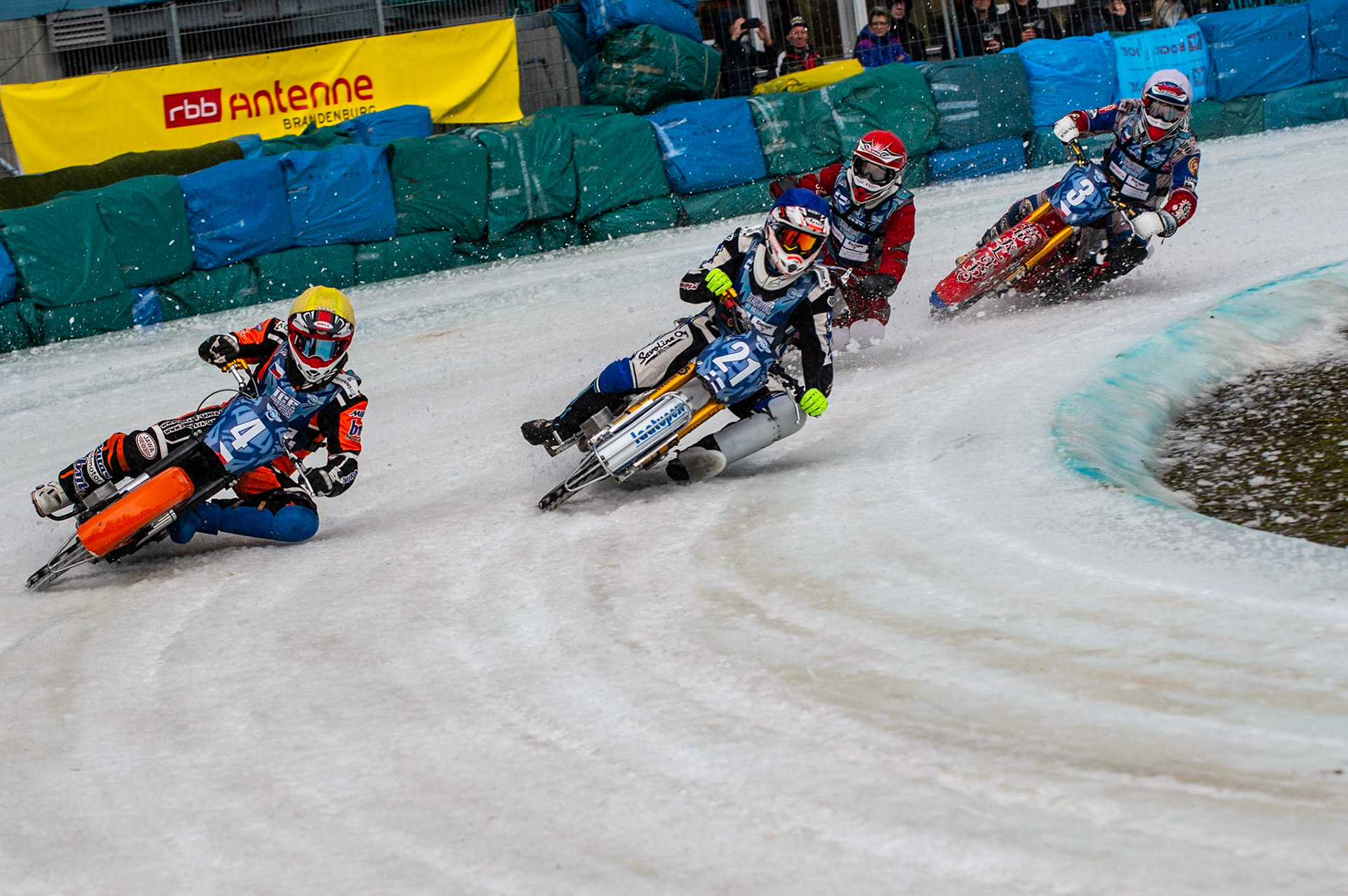 BERLIN GERMANY  - March 1  Lukas Hutla (Yellow) of The Czech Republic leads Mikko Jetsonen (Blue) and Matti Isoaho (Red) of Finland with Jan Klatovsky (White) behind  during the Ice Speedway of Nations at the Horst-Dohm-Eisstadion, Berlin,  on Sunday 1 March 2020. (Credit: Ian Charles | MI News)