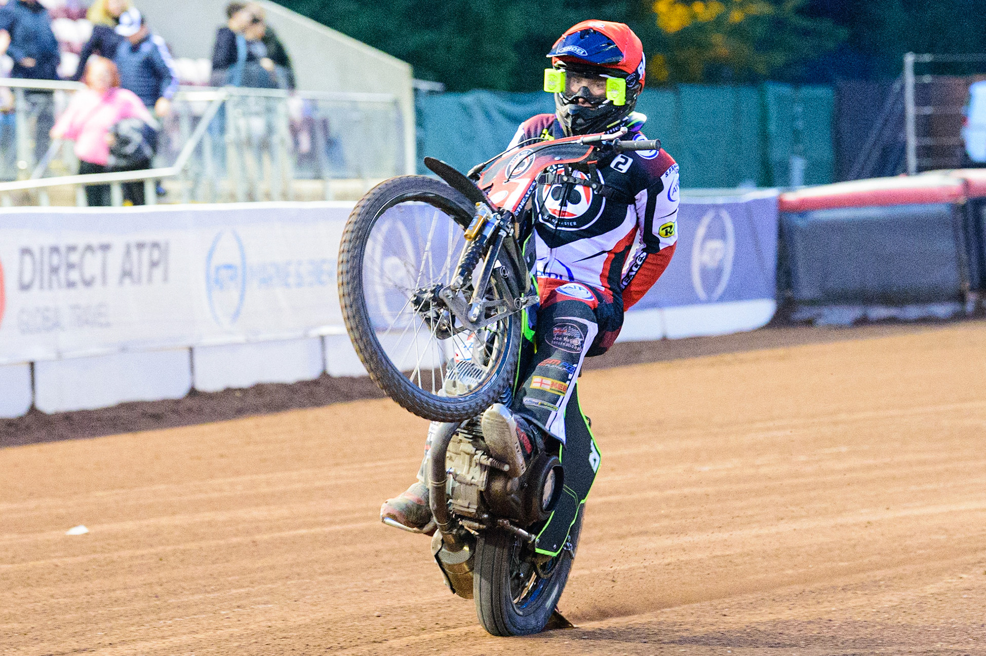 Tom Brennan celebrates with a wheelie during the SGB Premiership match between Belle Vue Aces and Peterborough at the National Speedway Stadium, Manchester on Monday 25th July 2022. (Credit: Ian Charles | MI News
