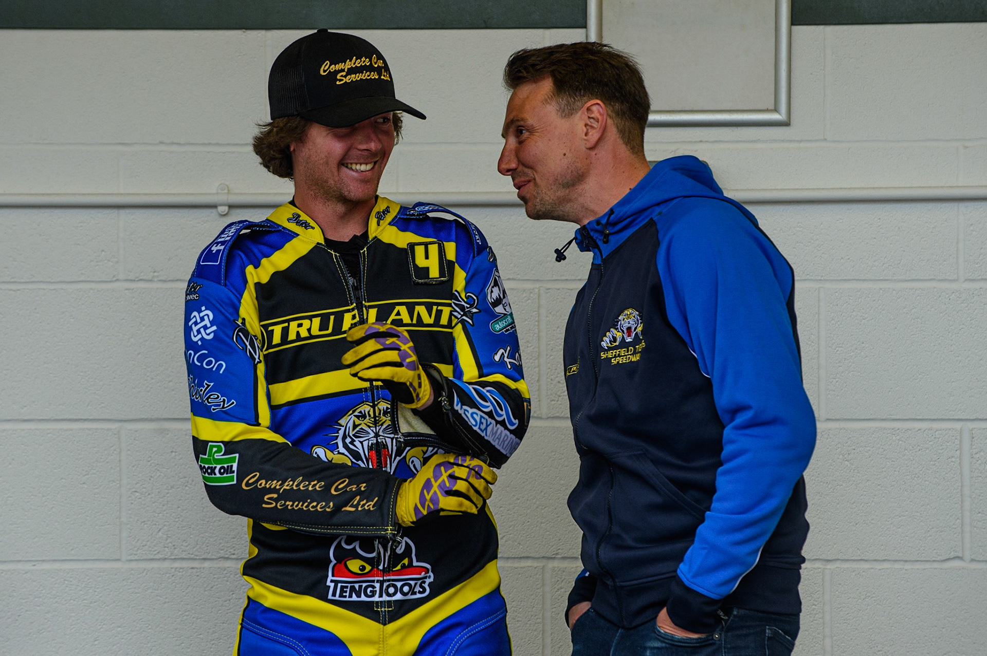 Photo: Ian CharlesKyle Howarth (l) shares a joke with Sheffield Team Manger Simon SteadDiscovery Networks Eurosport Speedway Season Launch, National Speedway Stadium, Manchester Wednesday  12  May  2021