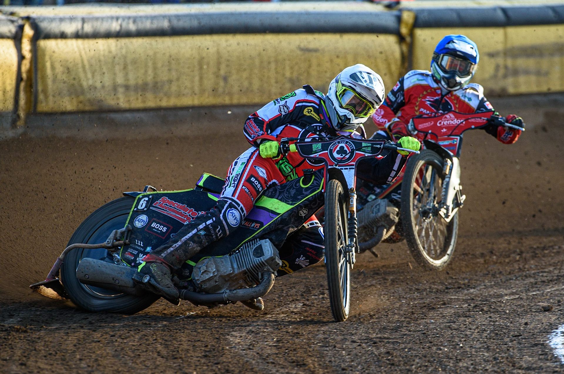 PETERBOROUGH, UK. JULY 19TH  Tom Brennan  (White) leads Chris Harris (Blue) during the SGB Premiership match between Peterborough and Belle Vue Aces at East of England Showground, Peterborough on Monday 19th July 2021. (Credit: Ian Charles | MI News)