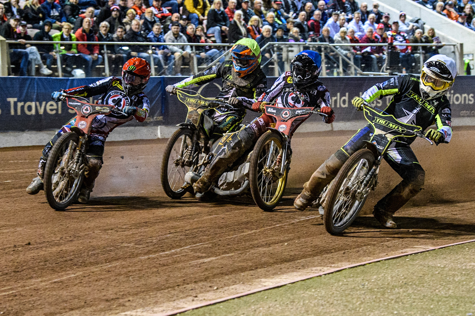 (L to R) Jaimon Lidsey  (Red), Keynan Rew (Yellow), Norick Blodorn (Blue) and Danyon Hume (White) during the Sports Insure Premiership Semi Final Playoff 2nd leg match between Belle Vue Aces and Ipswich Witches at the National Speedway Stadium, Manchester on Monday 25th September 2023. (Photo: Ian Charles | MI News)