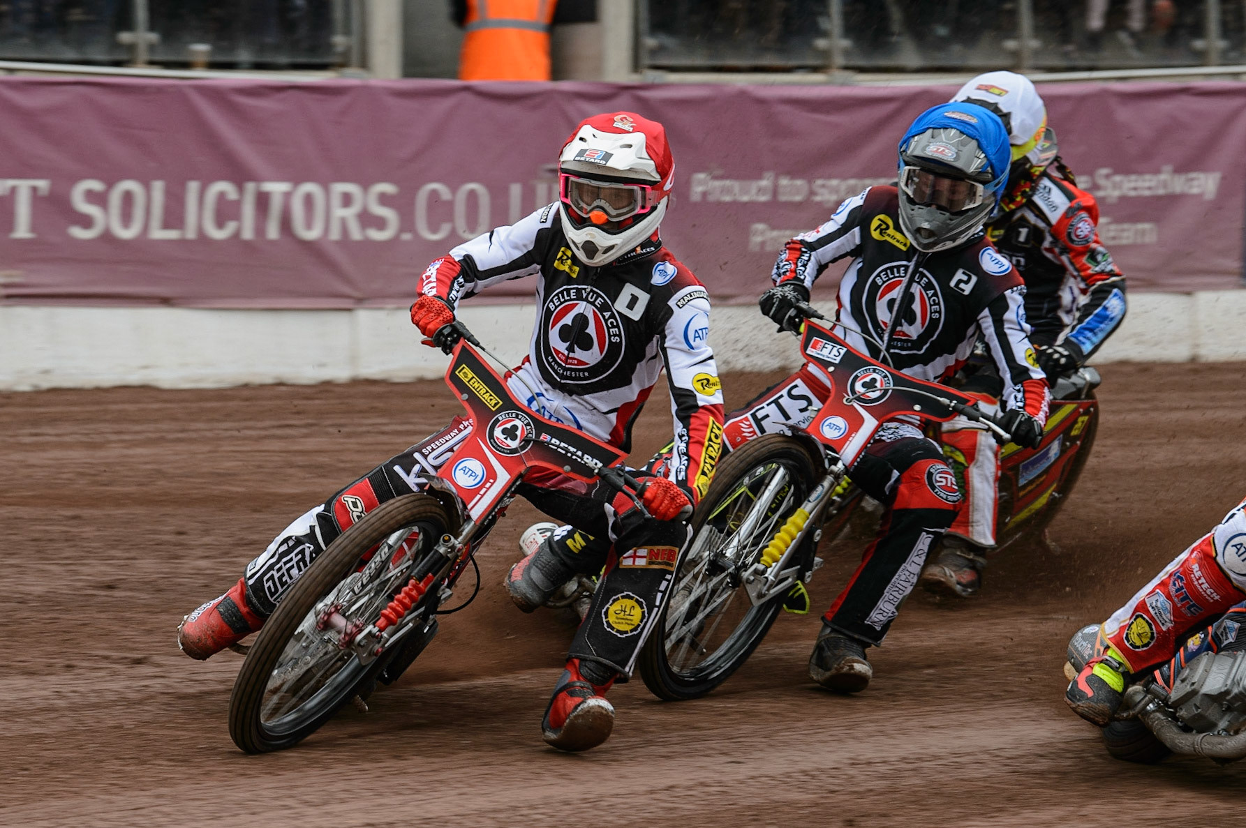 MANCHESTER, UK. MAY 2ND  Max Fricke  (Red) and Jye Etheridge (Blue)  lead Michael Palm Toft  (White) during the SGB Premiership match between Belle Vue Aces and Peterborough at the National Speedway Stadium, Manchester on Monday 2nd May 2022. (Credit: Ian Charles | MI News)