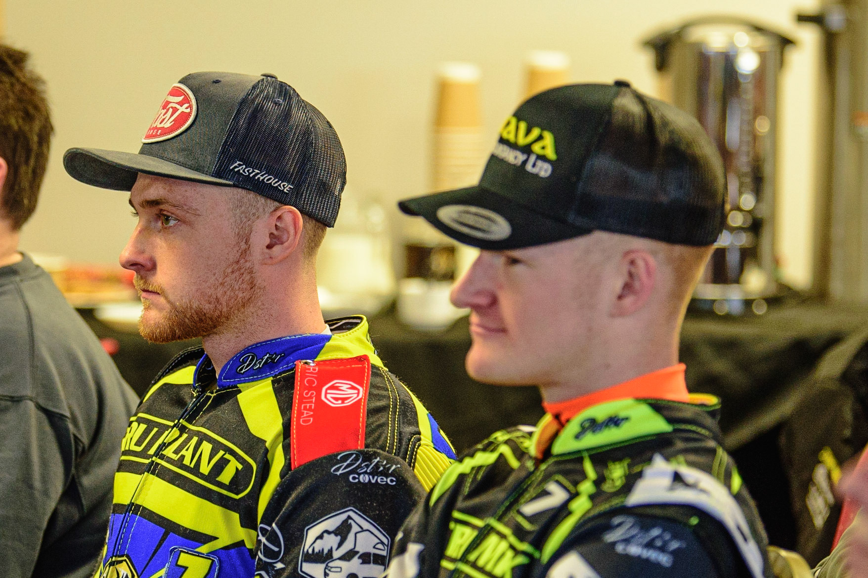 MANCHESTER, UK. APRIL 12TH: Connor Mountain (left) and Anders Rowe listen to the managers at the  Discovery Networks Eurosport Speedway Season Launch at the National Speedway Stadium, Manchester on Tuesday 12th April 2022 (Credit: Ian Charles | MI News)