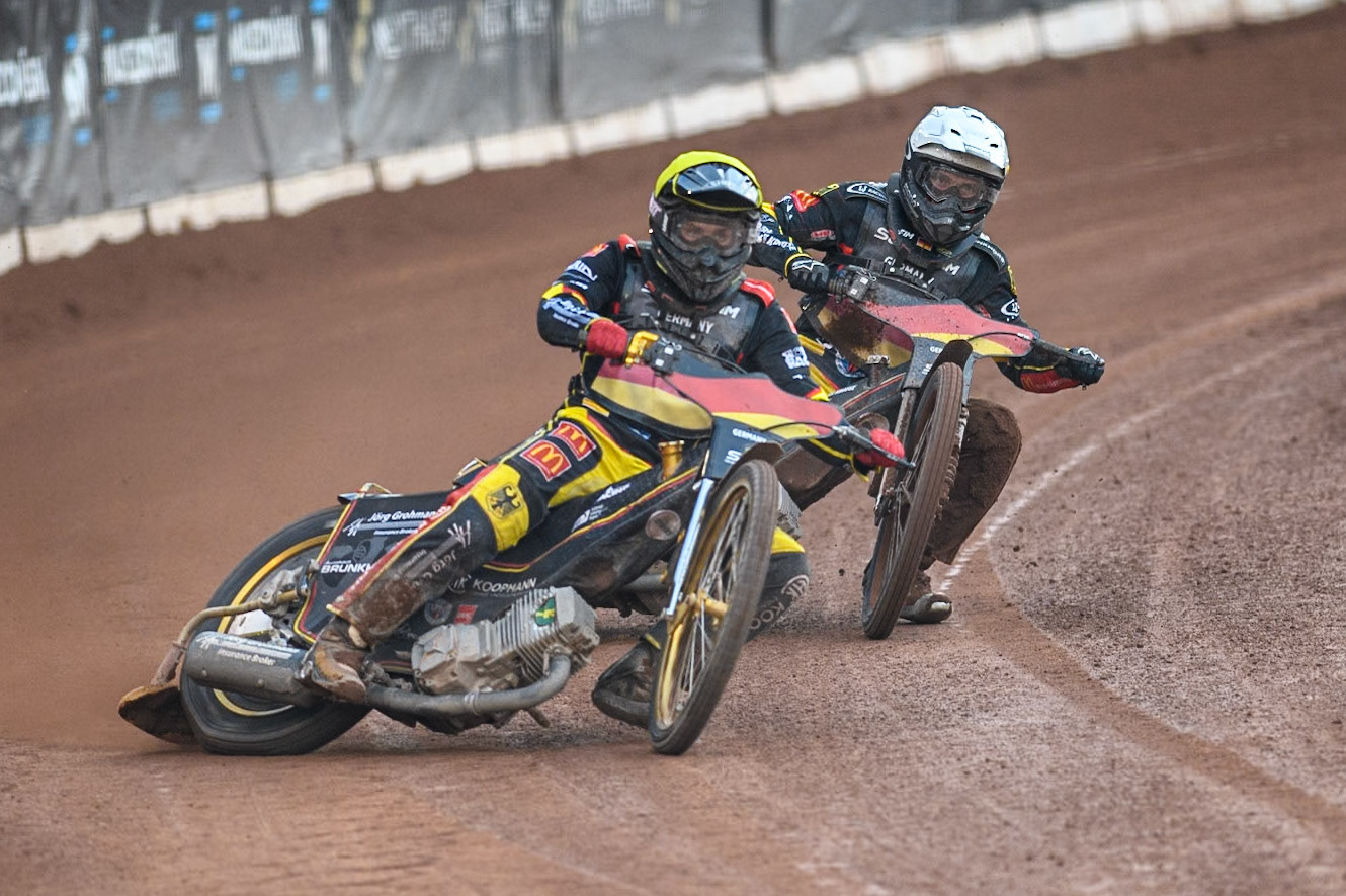 Norick Blödorn of Germany in Yellow leading team mate Kai Huckenbeck in Red during the Monster Energy FIM Speedway of Nation Final at the National Speedway Stadium, Manchester on Saturday 13th July 2024. (Photo: Ian Charles | MI News)