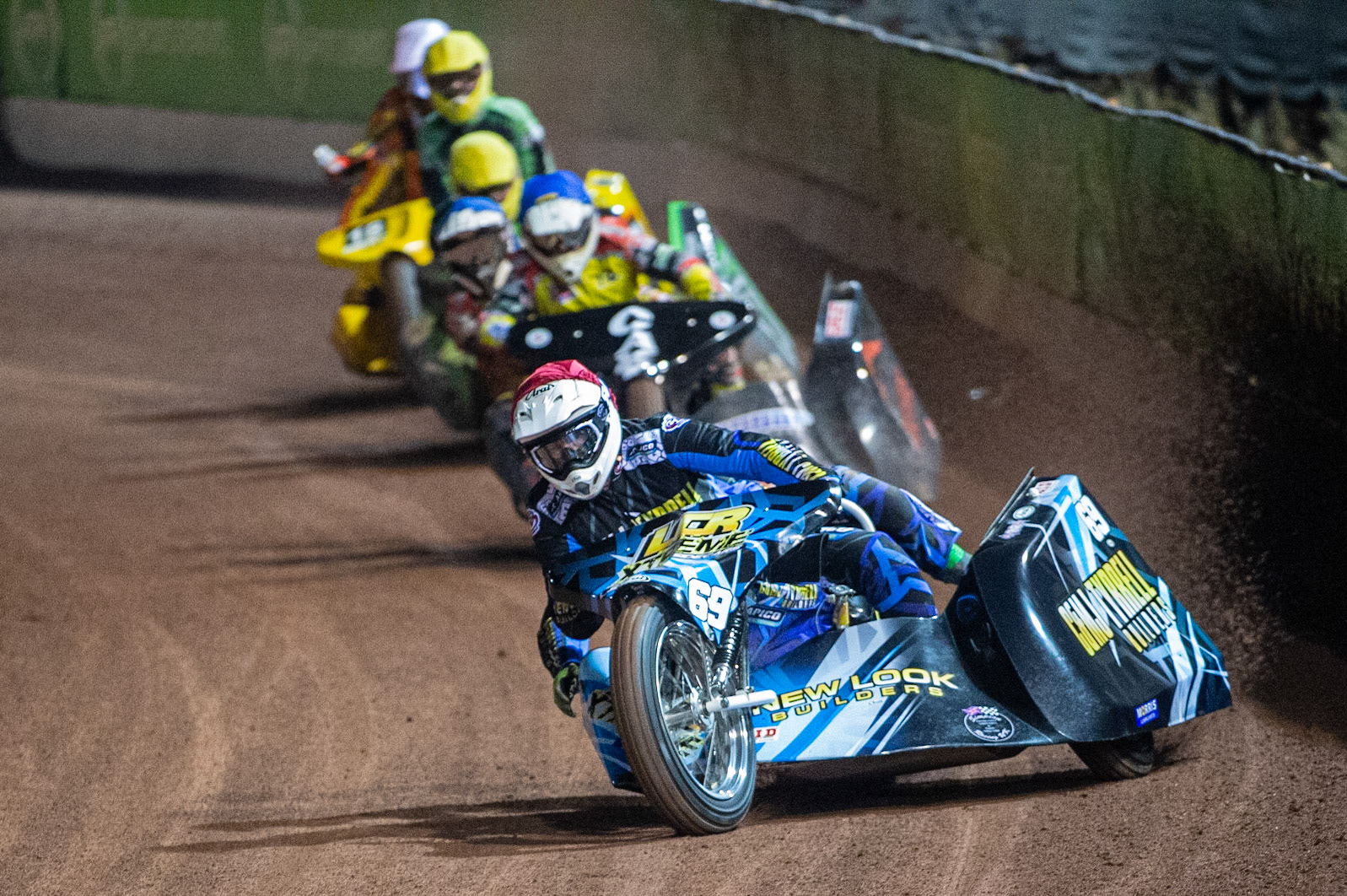MANCHESTER, ENGLAND Matthew Tyrrell & Liam Brown(69) leads the pack during the  ACU Sidecar Speedway Manchester Masters,  Belle Vue National Speedway Stadium, Manchester Saturday 12 October 2019 (Credit: Ian Charles | MI News)