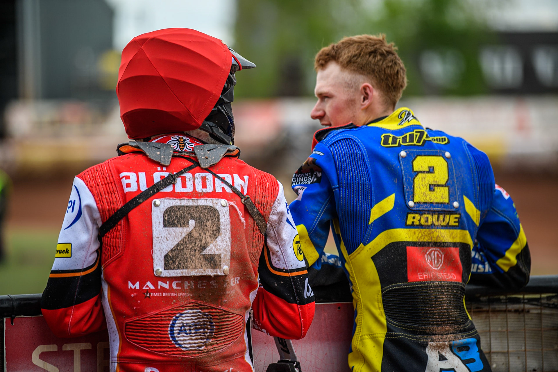Norick Blödorn of Belle Vue Aces (Left) and Anders Rowe of Sheffield Tigers watch the track prep during the Rowe Motor Oil Premiership match between Belle Vue Aces and Sheffield Tigers at the National Speedway Stadium, Manchester on Monday 5th May 2025. (Photo: Ian Charles | MI News)