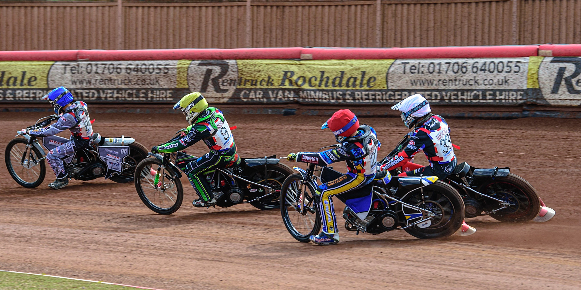 MANCHESTER, UK. JUN 3RD Sonny Springer (86)  (Blue) leads Luke Harrison (9) (Yellow) Charlie Wood (33)  (White) and Jamie Etherington (22) (Red) during the British Youth Speedway Championship (Round 4)  at the National Speedway Stadium, Manchester on Friday 3rd June 2022. (Credit: Ian Charles | MI News)