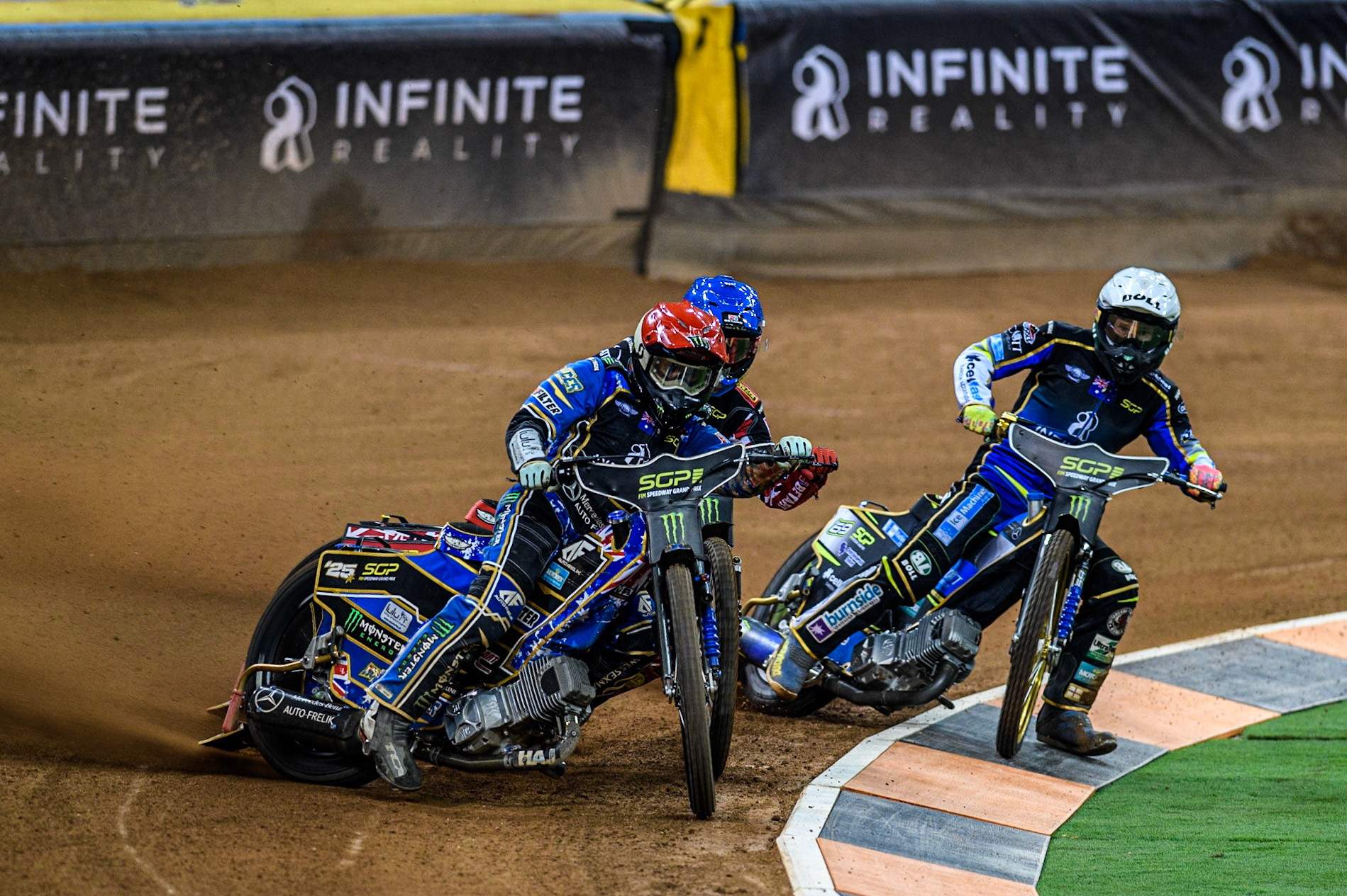 Jack Holder (25) (Red) leads  Max Fricke (46) (Blue) and Jason Doyle (69) (White) during the FIM Speedway Grand Prix of Great Britain at the Principality Stadium, Cardiff on Saturday 2nd September 2023. (Photo: Ian Charles | MI News)