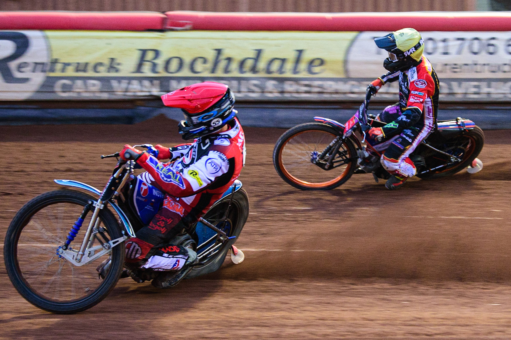 Matej Zagar (Red) passes Scott Nicholls  (Yellow) on the inside during the SGB Premiership match between Belle Vue Aces and Peterborough at the National Speedway Stadium, Manchester on Monday 25th July 2022. (Credit: Ian Charles | MI News