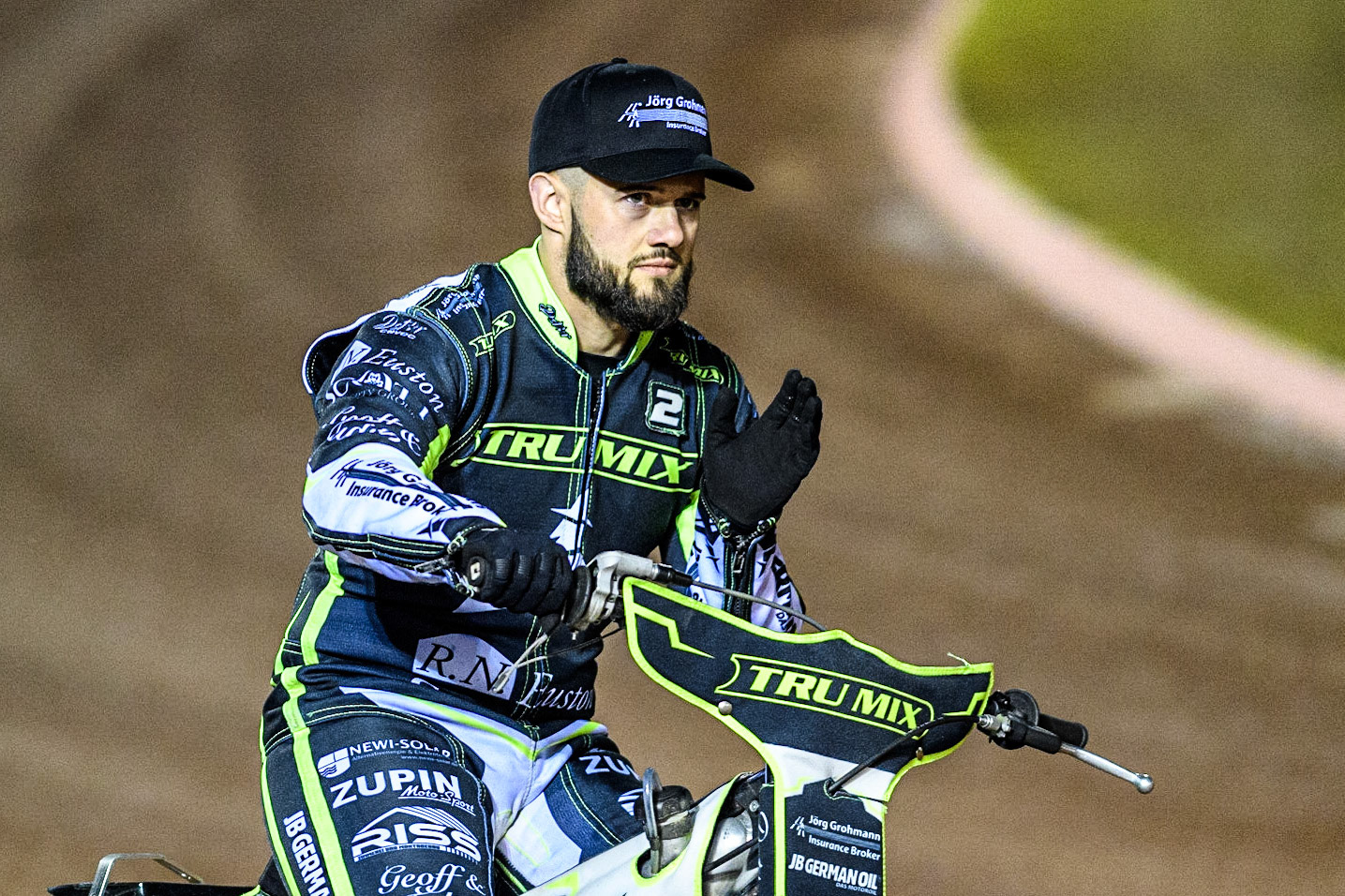 Erik Riss  on the pre meeting parade during the Sports Insure Premiership Semi Final Playoff 2nd leg match between Belle Vue Aces and Ipswich Witches at the National Speedway Stadium, Manchester on Monday 25th September 2023. (Photo: Ian Charles | MI News)