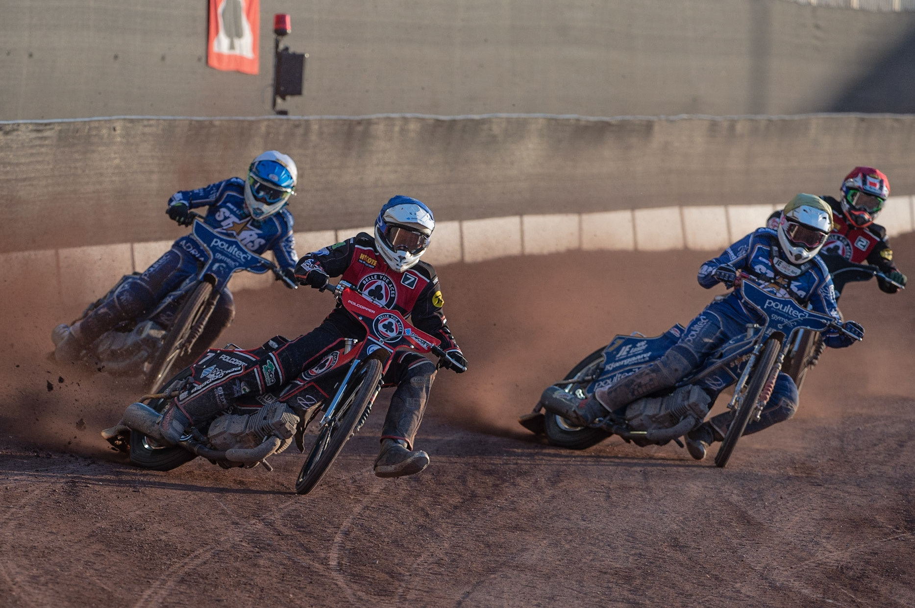 Photo: Ian Charles

\​Jaimon Lidsey​  (Blue) leads Kasper Andersen  (Yellow) Lewis Kerr  (White) and ​Ricky Wells​​  (Red)

Belle Vue Aces v Kings Lynn Stars, British Speedway Premiership, Belle Vue National Speedway Stadium, Manchester, Thursday 16  May  2019