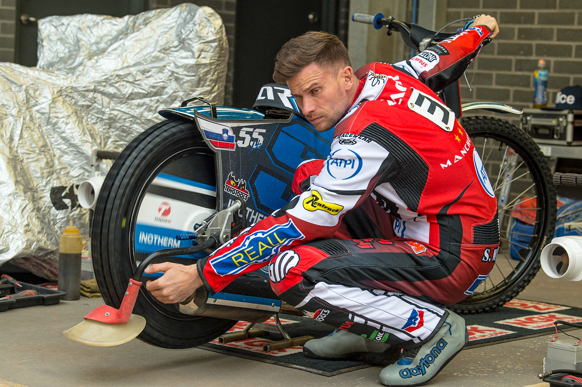 MANCHESTER, UK. JUN 13TH Matej Zagar works on his bike during the SGB Premiership match between Belle Vue Aces and Wolverhampton  Wolves at the National Speedway Stadium, Manchester on Monday 13th June 2022. (Credit: Ian Charles | MI News)