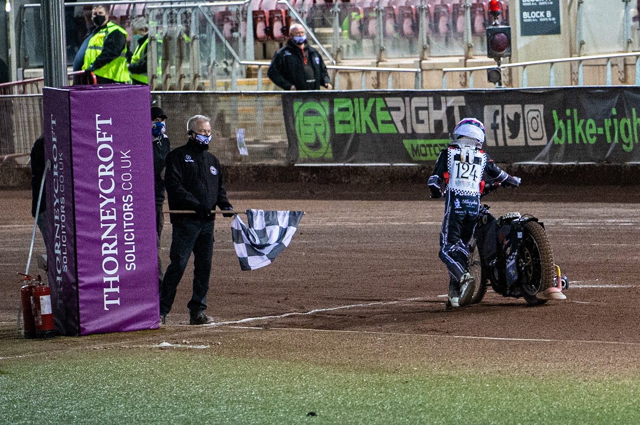 Photo: Ian CharlesVinnie Foord suffered an engine failure on the final turn so pushed his bike home for the 3rd place point (500cc B Class) British Youth Speedway Championship (Round 5), National Speedway Stadium, Manchester Saturday  10  October  2020