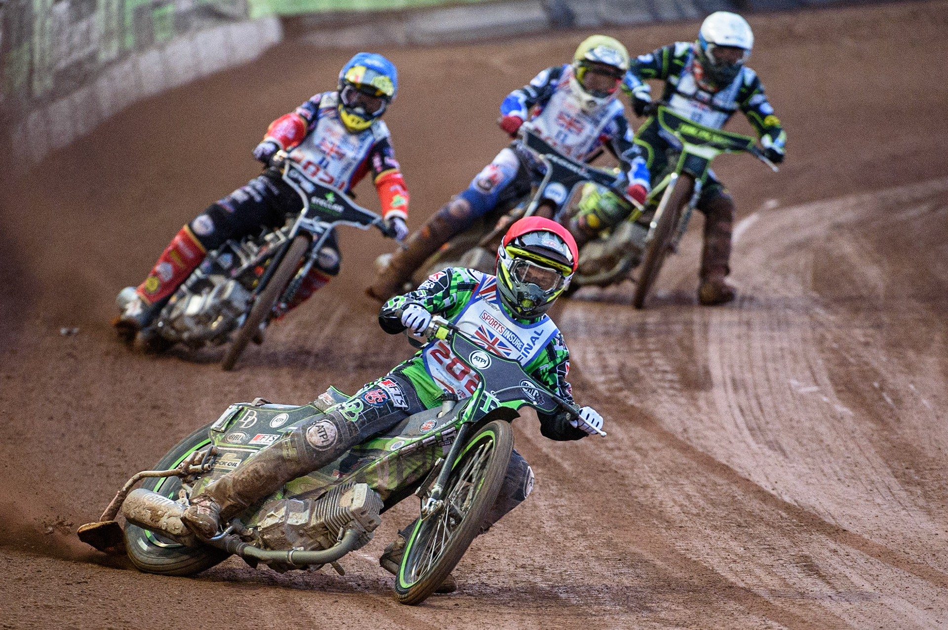 MANCHESTER, UK. AUGUST 16TH   Charles Wright  (Red) leads Scott Nicholls  (Blue), Craig Cook  (White) and Dan Bewley  (Yellow) during the Sports Insure British Speedway Finals at the National Speedway Stadium, Manchester on Monday 16th August 2021. (Credit: Ian Charles | MI News)