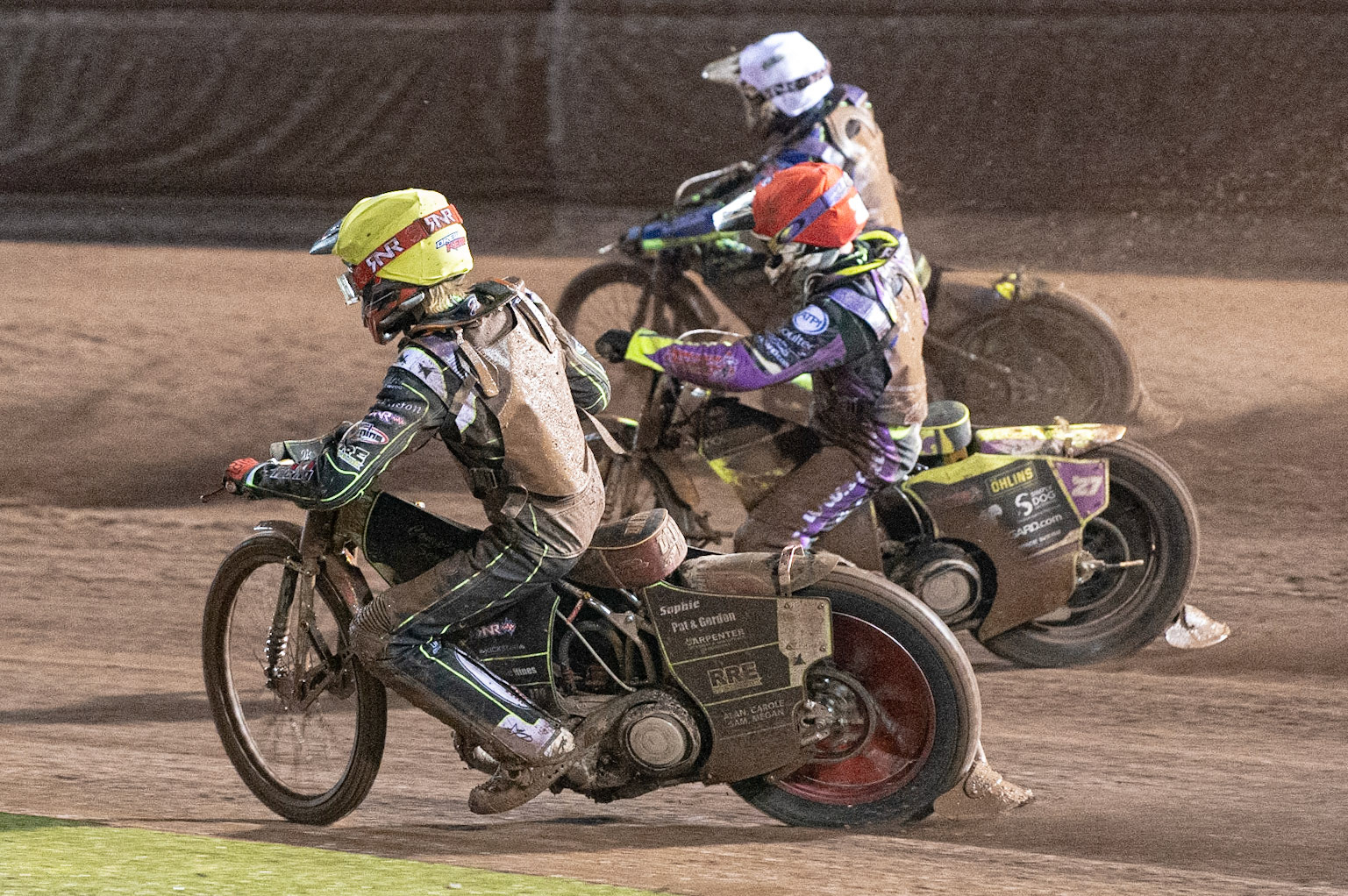 Photo: Ian CharlesDrew Kemp   (Yellow)  inside  Tom Brennan   (Red)  and Paul Starke   (White) Sports Insure British Speedway Championship Final, National Speedway Stadium, Manchester Monday  28  September  2020