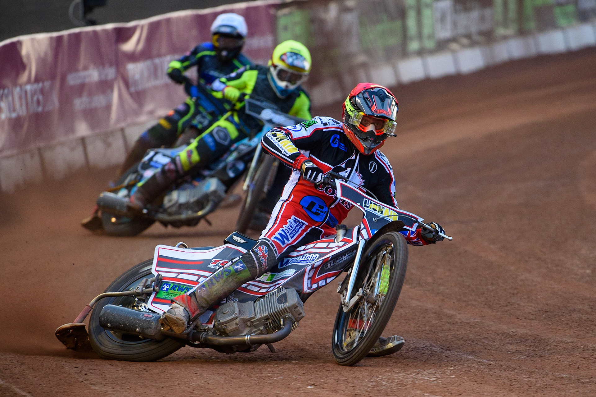 MANCHESTER, UK. MAY 28TH  Jack Parkinson-Blackburn  (Red) leads Mason Watson  (Yellow) and Kyle Bickley  (White) during the SGB National Development League match between Belle Vue Colts and Berwick Bullets at the National Speedway Stadium, Manchester on Friday 28th May 2021. (Credit: Ian Charles | MI News)