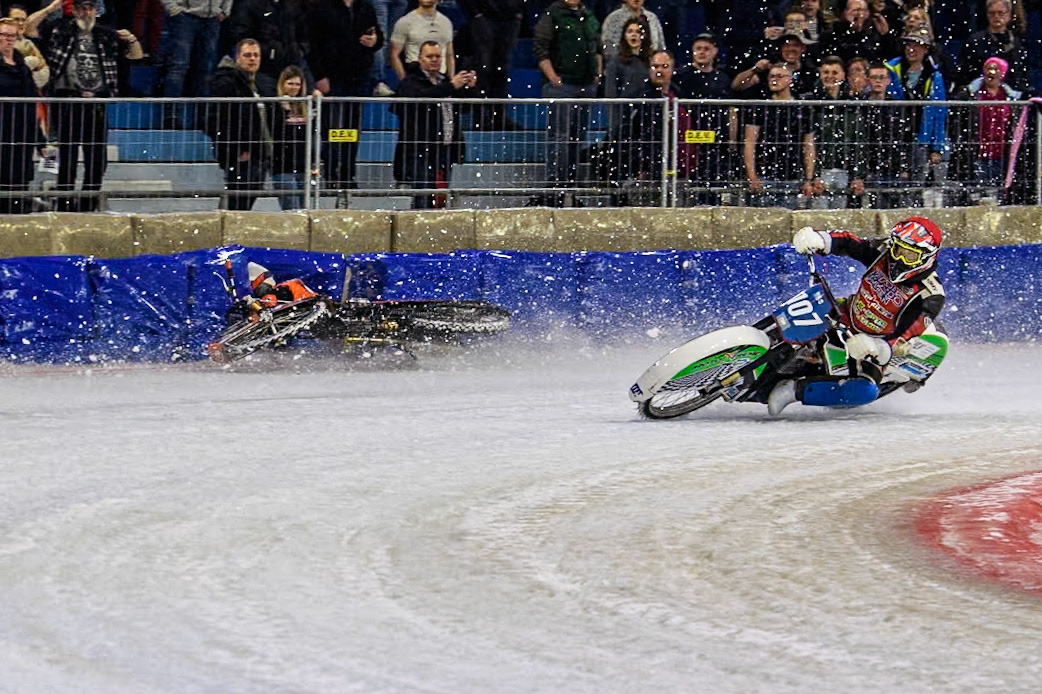 Reserve  Sweden's Filip Jäger (17) slides off into the bales during the FIM Ice Speedway Gladiators World Championship Final 3 at Ice Rink Thialf, Heerenveen on Saturday 6th April 2024. (Photo: Ian Charles | MI News)