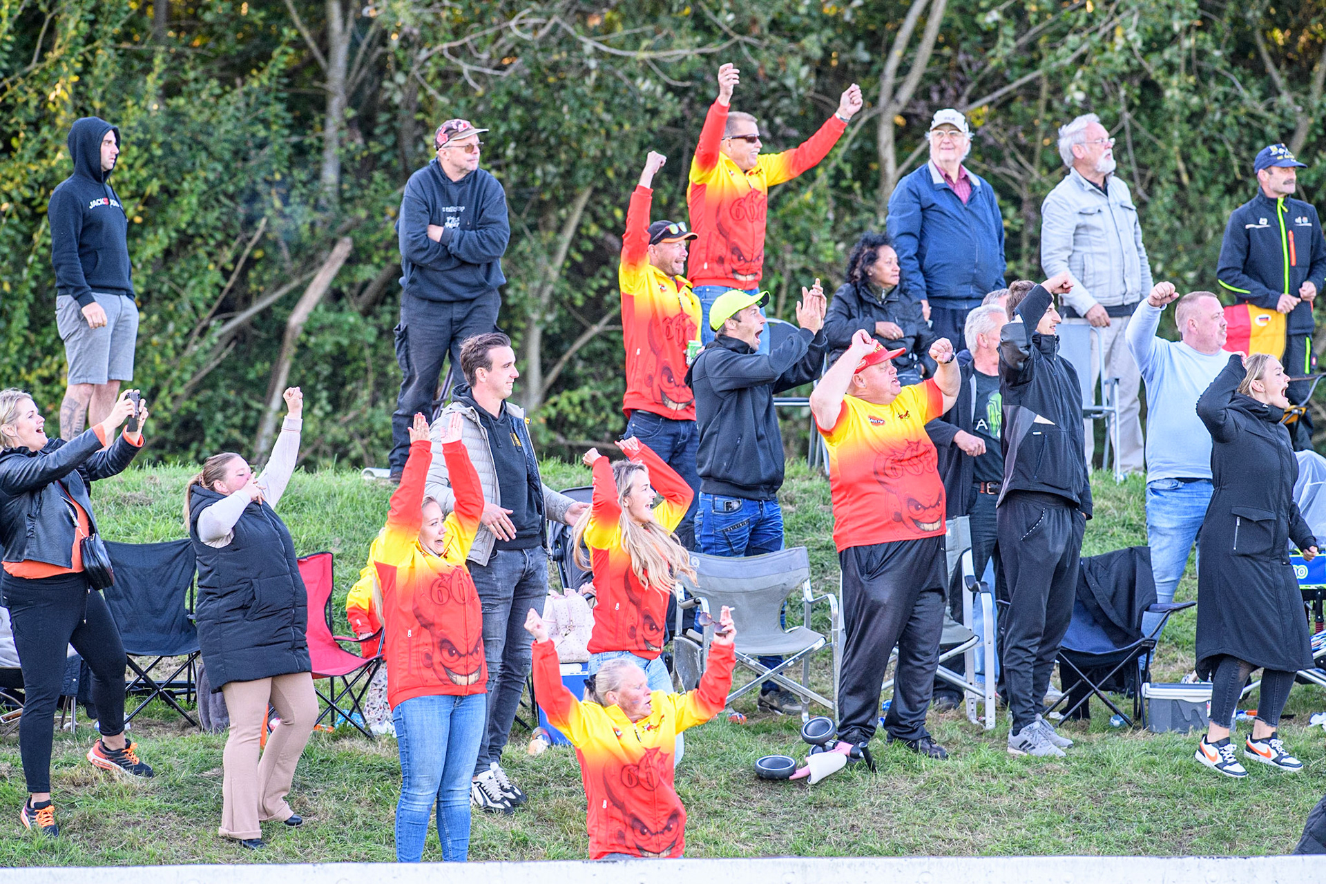 Hummel’s fans celebrate the Dutch win over Germany during the FIM Long Track Of Nations event at the Speed Centre Roden on Sunday 24th September 2023. (Photo: Ian Charles | MI News)
