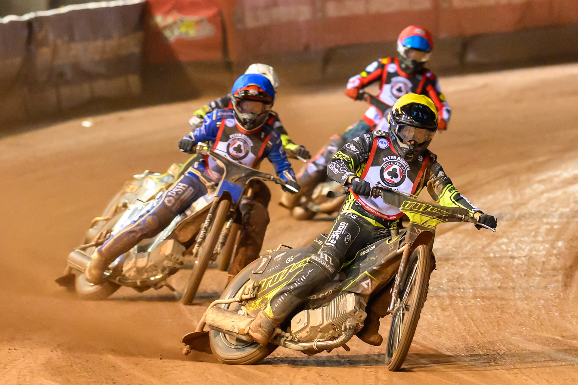 Adam Ellis  in Yellow leading Nicolai Klindt  in Blue, Tom Brennan  in White and Tate Zischke  in Red during the Peter Craven Memorial Trophy at the National Speedway Stadium, Manchester, on Monday 16th March 2026. (Photo: Ian Charles | MI News)