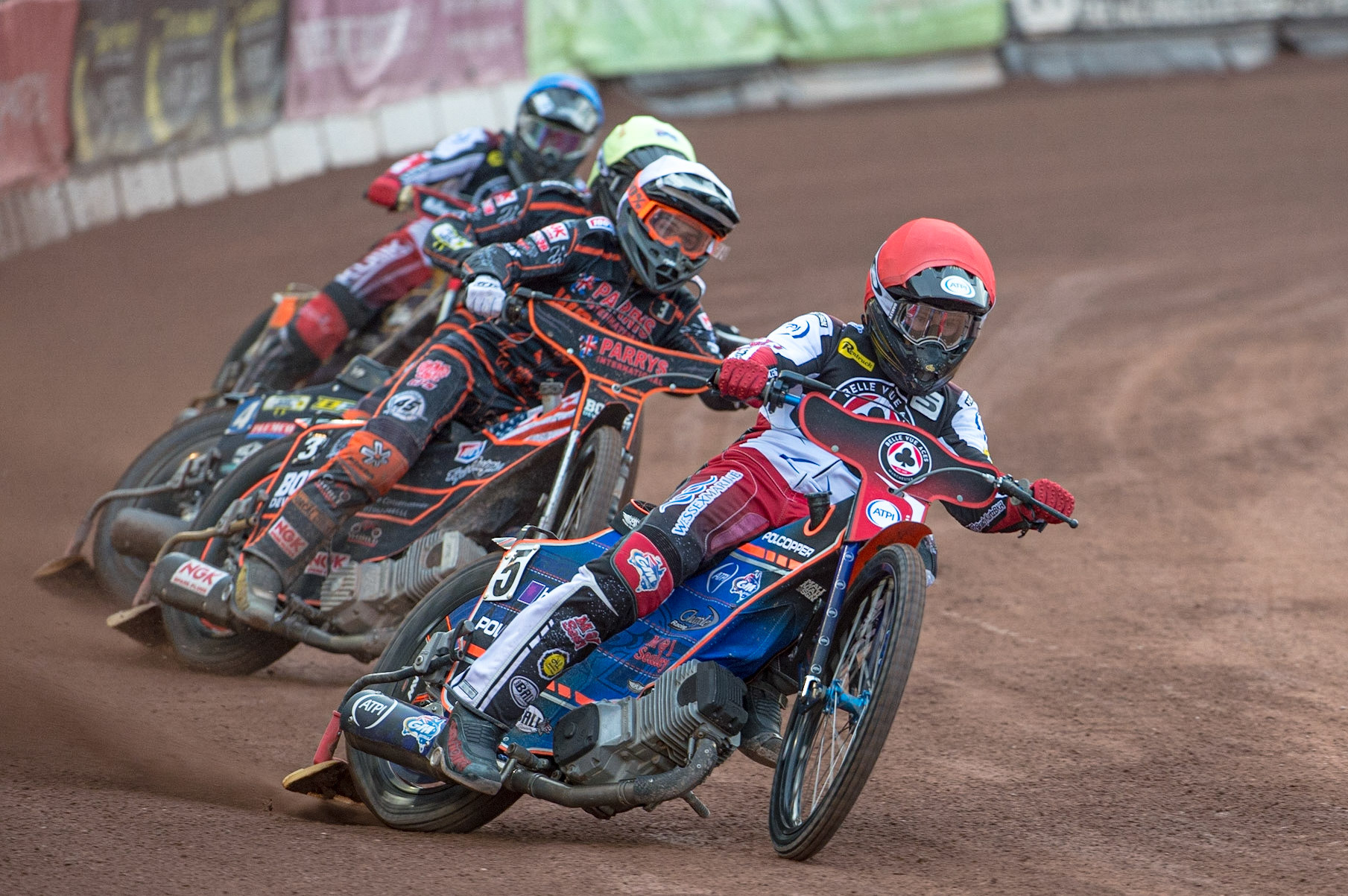 MANCHESTER, UK. JUN 13TH Brady Kurtz  (Red) leads Luke Becker  (White), Ryan Douglas  (Yellow) and Norick Blödorn  (Blue) during the SGB Premiership match between Belle Vue Aces and Wolverhampton  Wolves at the National Speedway Stadium, Manchester on Monday 13th June 2022. (Credit: Ian Charles | MI News)