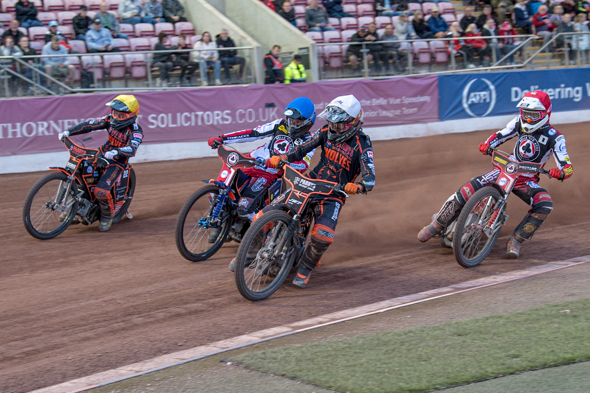 MANCHESTER, UK. JUN 13TH Sam Masters  (White) leads Max Fricke  (Red) Brady Kurtz  (Blue) and Luke Becker  (White) during the SGB Premiership match between Belle Vue Aces and Wolverhampton  Wolves at the National Speedway Stadium, Manchester on Monday 13th June 2022. (Credit: Ian Charles | MI News)