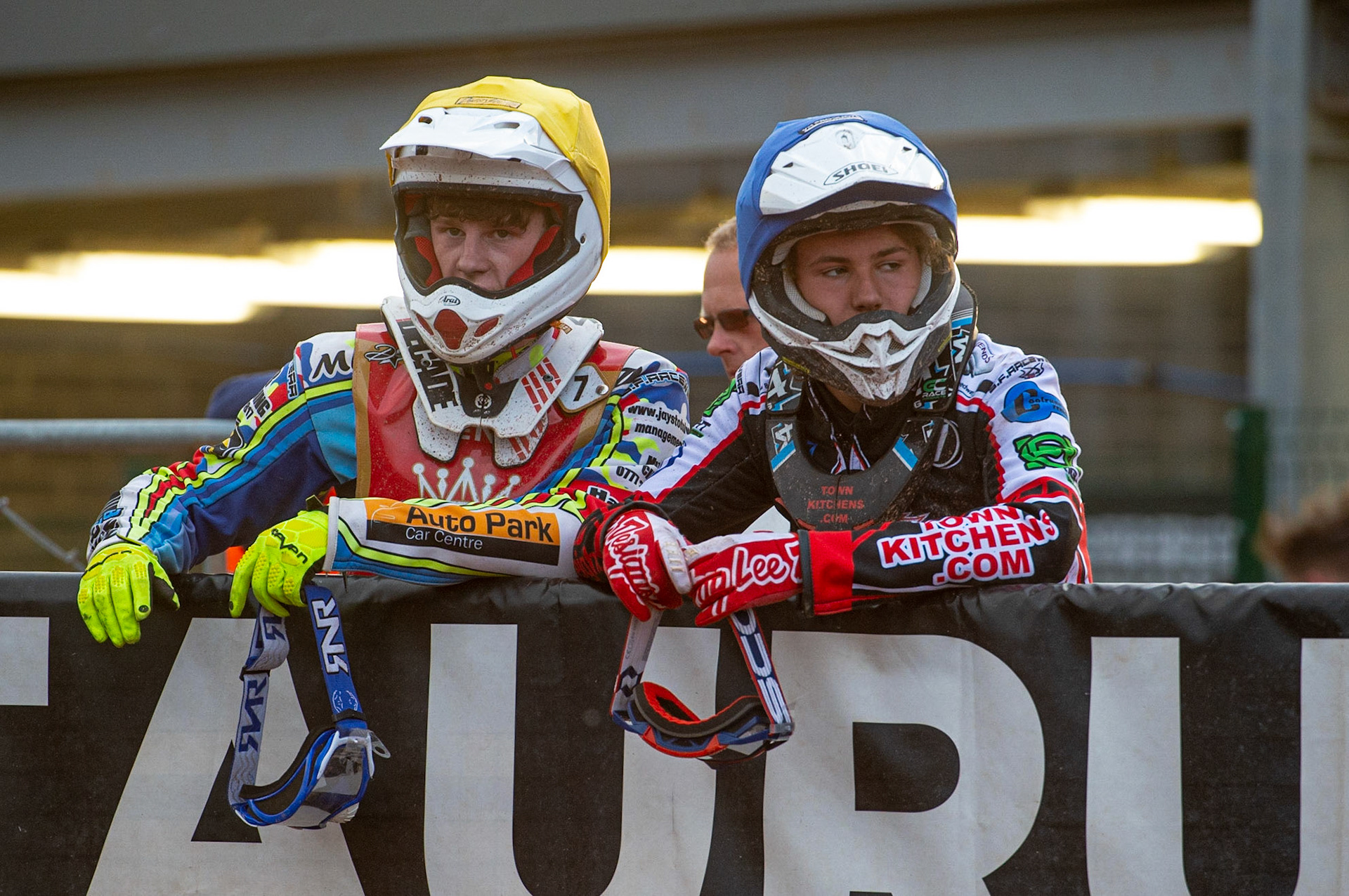 MANCHESTER, UK. JULY 2ND Jake Mulford  (left) and Harry McGurk  watch the track preparation during the National Development League match between Belle Vue Colts and Kent Royals at the National Speedway Stadium, Manchester on Friday 2nd July 2021. (Credit: Ian Charles | MI News)