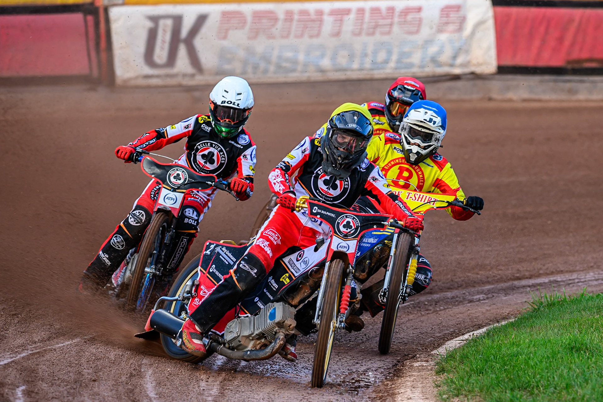 Belle Vue Aces' Norick Blodorn   in Yellow leading Birmingham Brummies' Paco Castagna  in Blue Belle Vue Aces' Brady Kurtz in White and Birmingham Brummies' Tobias Musielak  in Red during the Rowe Motor Oil Premiership match between Birmingham Brummies and Belle Vue Aces at Perry Barr Stadium, Birmingham on Monday 28th July 2025. (Photo: Ian Charles | MI News)