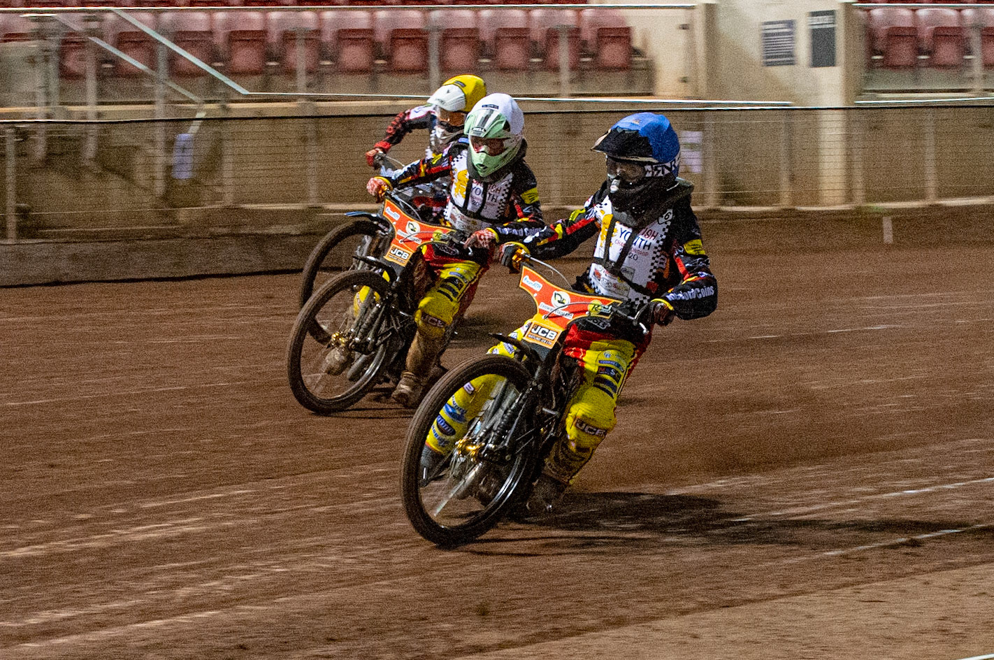 Photo: Ian CharlesDan Thompson (Blue) inside Joe Thompson (White) and Harry McGurk (Yellow) (500cc A Class)British Youth Speedway Championship (Round 5), National Speedway Stadium, Manchester Saturday  10  October  2020