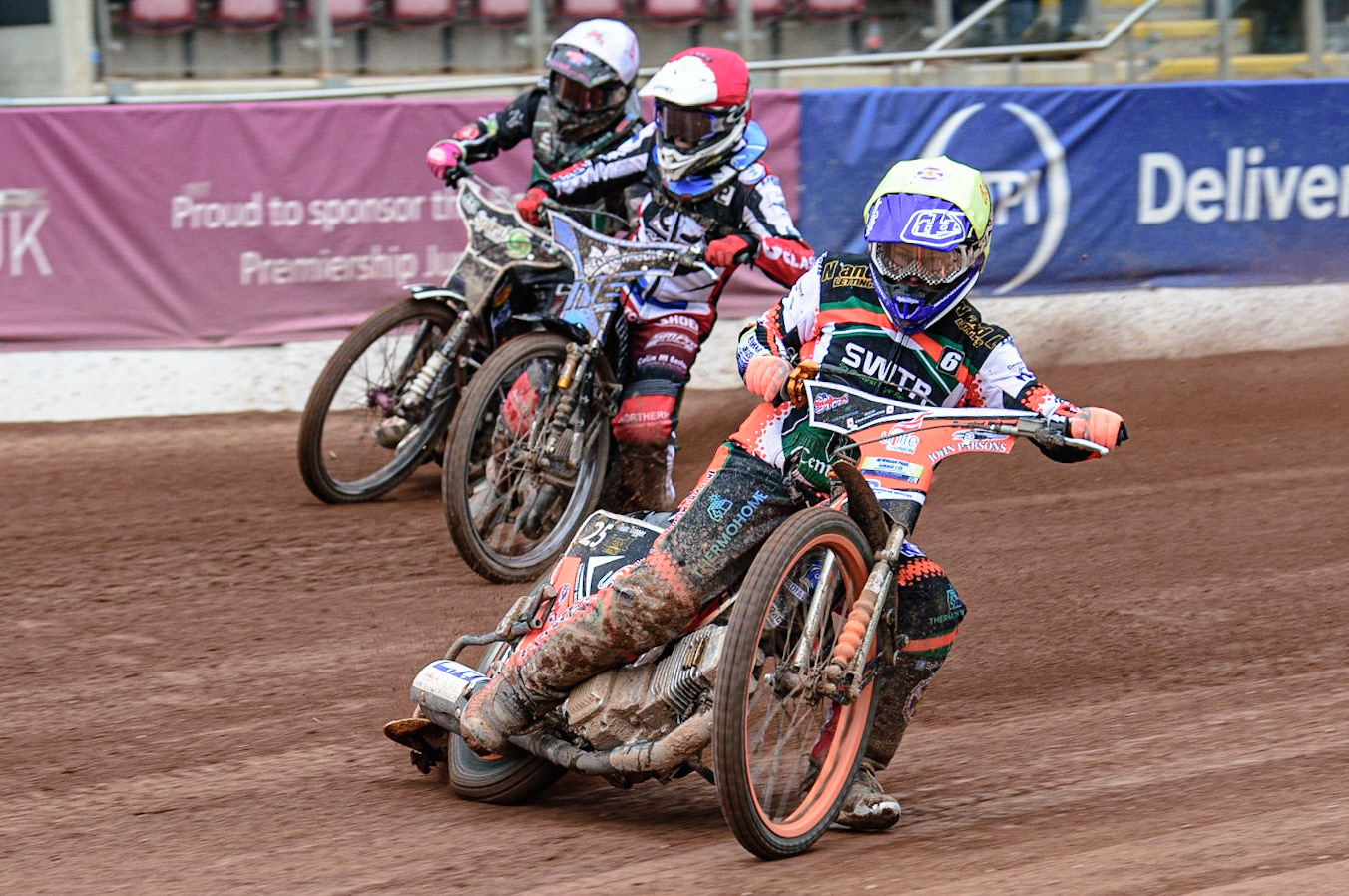 MANCHESTER, UK. APR 15TH  Ben Trigger  (White) leads Sam McGurk  (Red) and Connor King  (White)  during the National Development League match between Belle Vue Colts and Plymouth Centurions at the National Speedway Stadium, Manchester on Friday 15th April 2022. (Credit: Ian Charles | MI News)