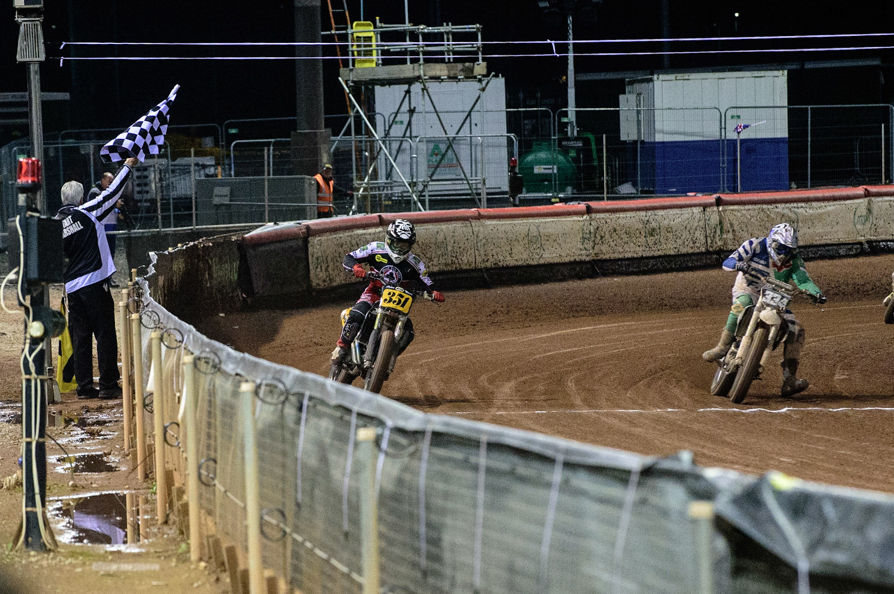 MANCHESTER, UK. OCT 30TH   Dan Bewley (351) passes back marker Aaron Tuttlebee (334) to finish second in his debut event during the Manchester Masters Sidecar Speedway and Flat Track Racing at the National Speedway Stadium, Manchester on Saturday 30th October 2021. (Credit: Ian Charles | MI News)
