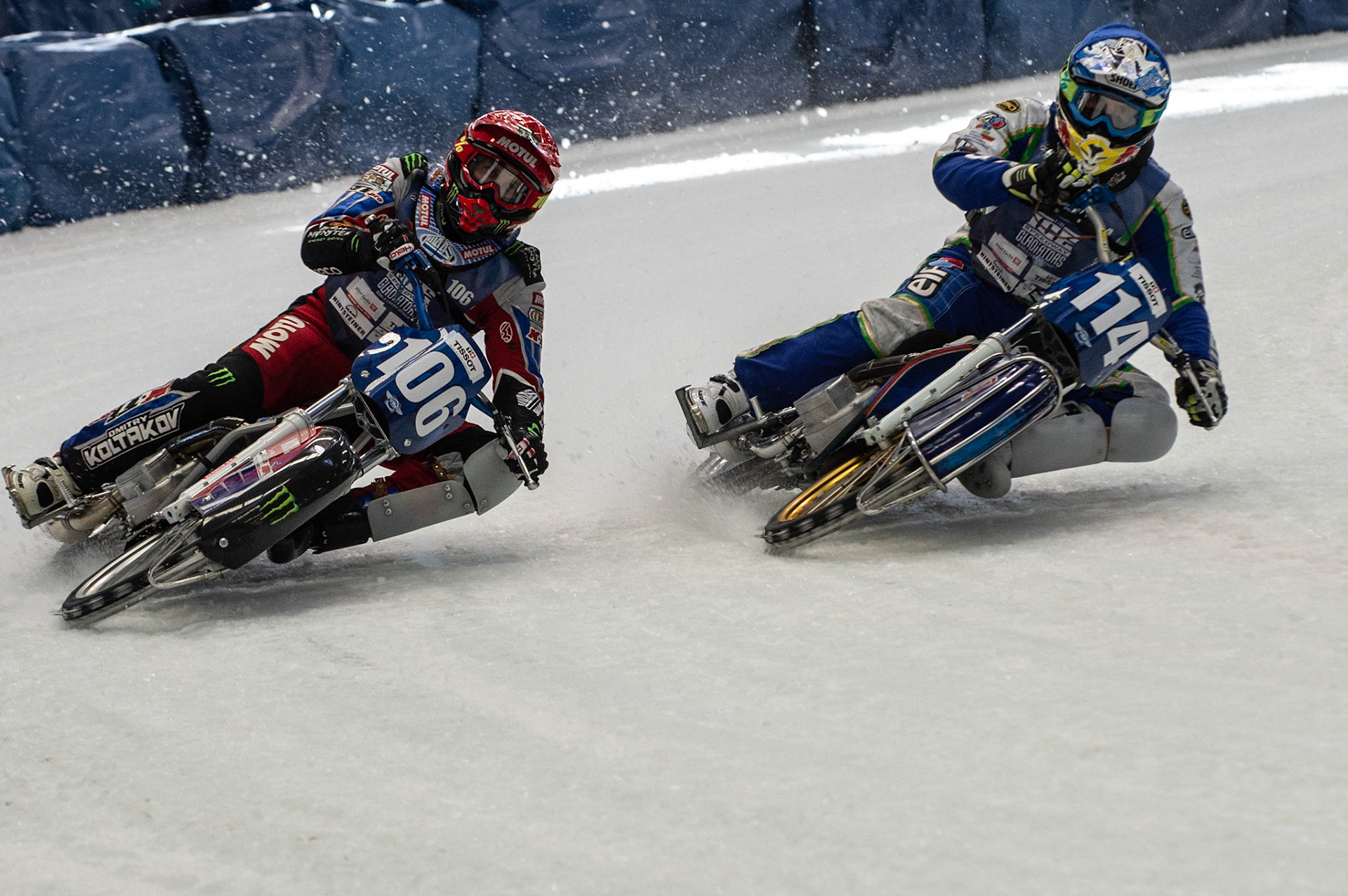 Photo: Ian Charles

Dmitri Koltakov (106) tries to pass Dinar Valeev (114) in Semi Final 1

FIM Ice Speedway Gladiators World Championship, Event 4.2, Max-Aicher-Arena, Inzell, Germany, Sunday 17 March 2019
