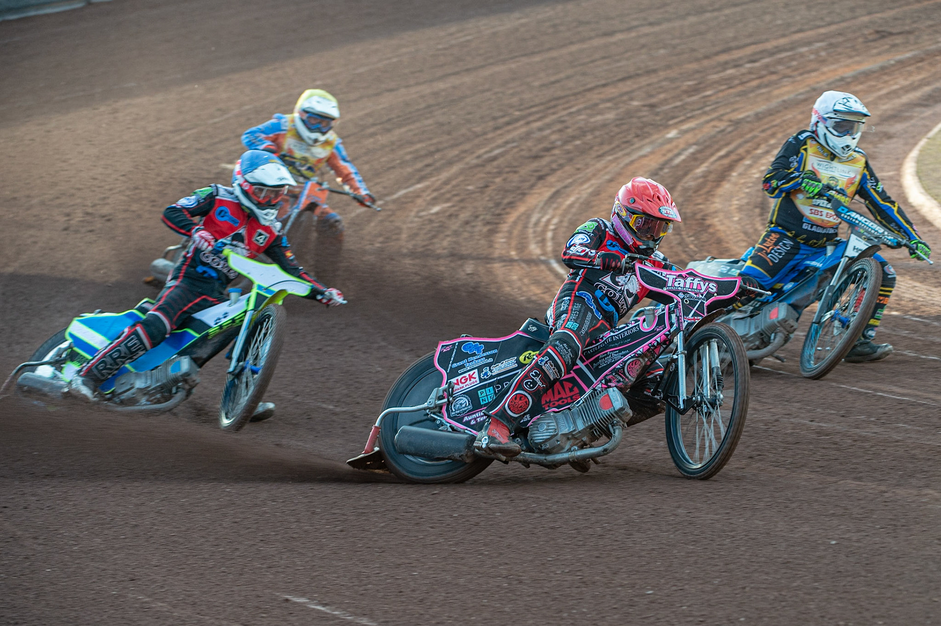 Photo: Ian Charles

Leon Flint  (Red) leads Scott Campos  (White) Ben Rathbone  (Blue) and Danno Verge  (Yellow)

Belle Vue Colts v Isle Of Wight Warriors, SGB National League KO Cup Quarter Final 1st Leg, Belle Vue National Speedway Stadium, Manchester, Monday 22  July  2019