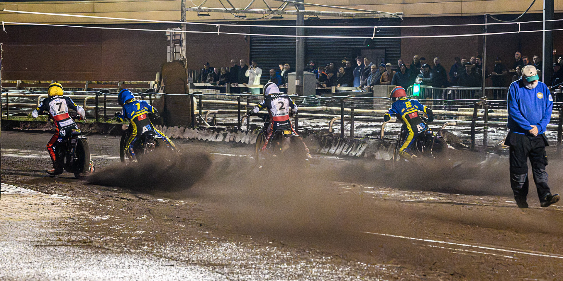 (L to R) Will Cairns of Belle Vue Aces in Yellow , Luke Killeen of Sheffield Tigers in Blue , Norick Blodorn of Belle Vue Aces in White  and Anders Rowe of Sheffield Tigers in Red  leave the start in Heat 8 during the Rowe Motor Oil Premiership Grand Final 1st Leg match between Sheffield Tigers and Belle Vue Aces at Owlerton Stadium, Sheffield on Monday 12th October 2026. (Photo: Ian Charles | MI News)