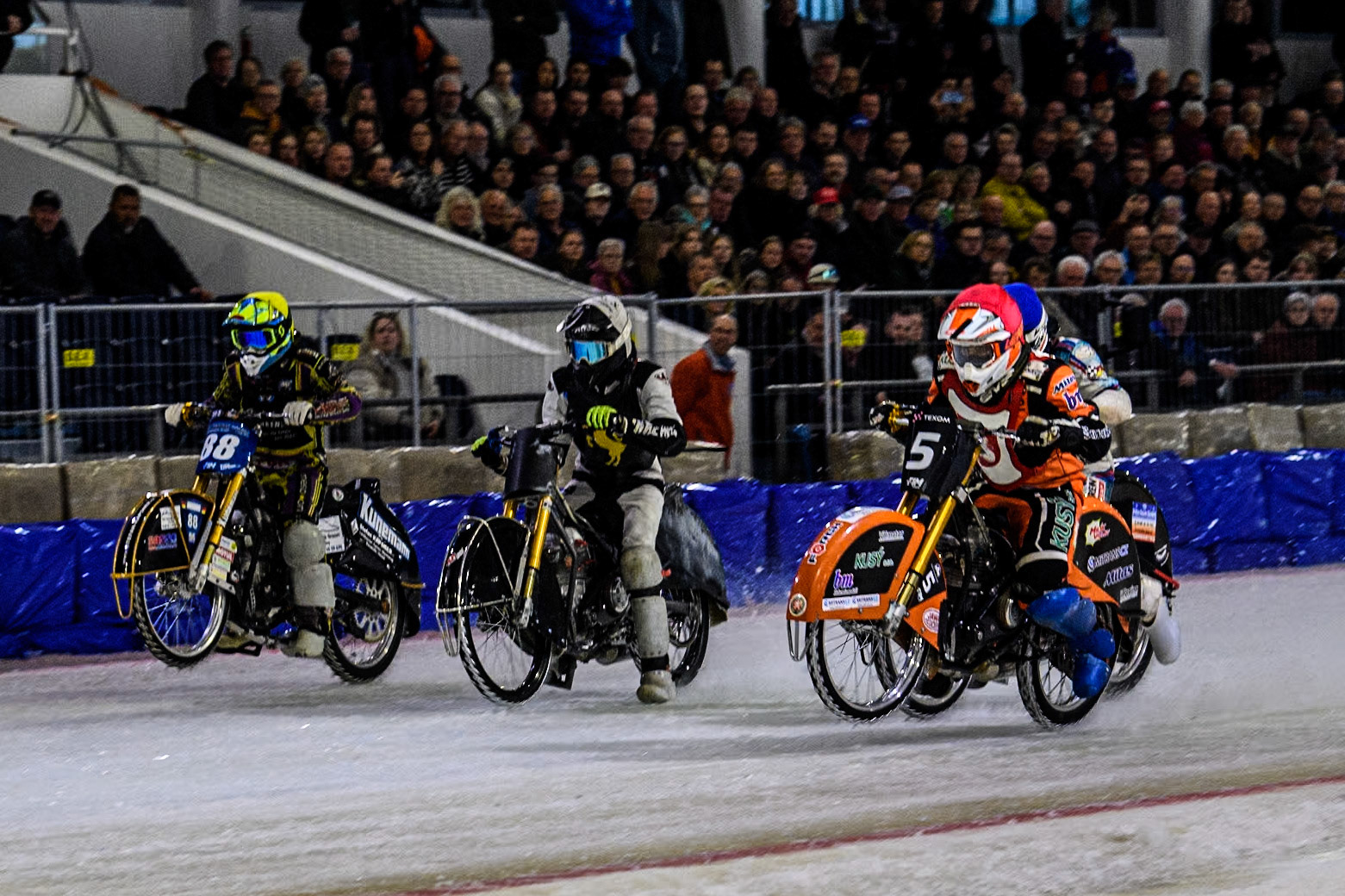 (L to R) Maximilian Niedermaier of Germany in Yellow, Atte Suolammi of Finland in White and Lukáš Hutla of The Czech Republic in Red with Marc Geyer of Germany in Blue behind  during the Roelof Thijs Bokaal at Ice Rink Thialf, Heerenveen, The Netherlands on Friday 5th April 2024. (Photo: Ian Charles | MI News)