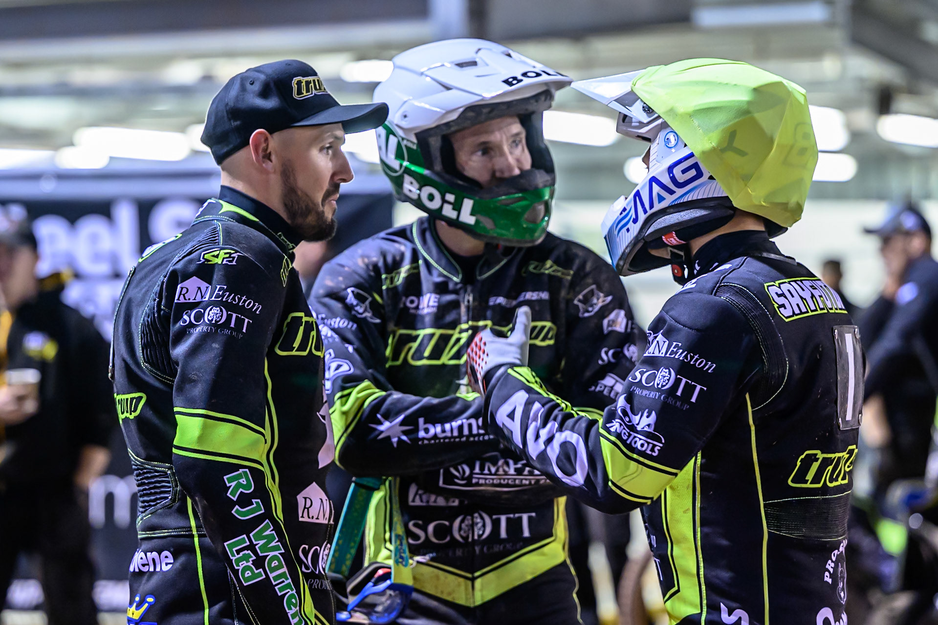 (L to R) Danny King of Ipswich Witches , Jason Doyle of Ipswich Witches  and Emil Saifutdinov of Ipswich Witches  during the Rowe Motor Oil Premiership Play Off Semi Final 1 (1st Leg)  between Belle Vue Aces and Ipswich Witches at the National Speedway Stadium, Manchester on Monday 8th September 2025. (Photo: Ian Charles | MI News)