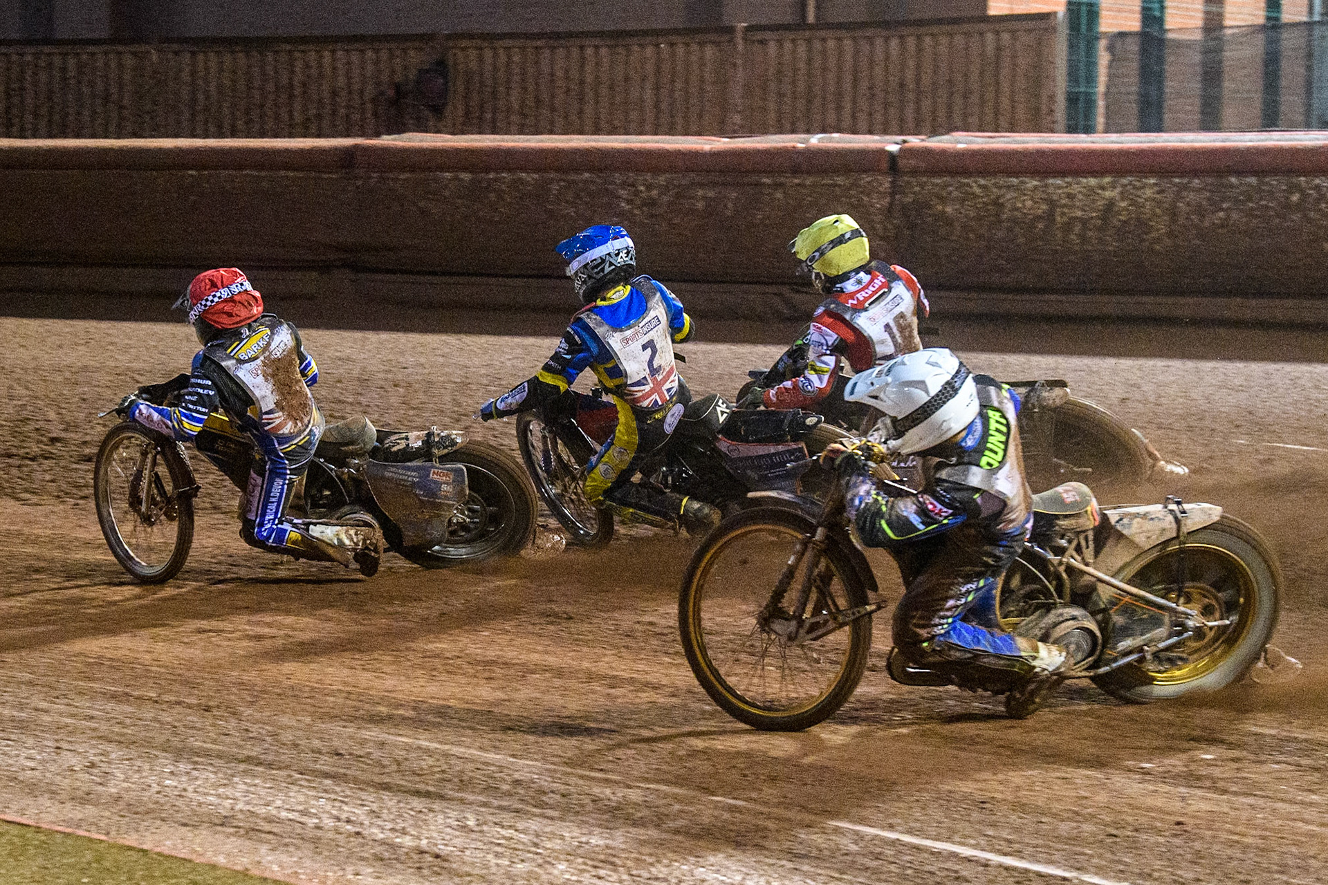 Connor Mountain (White) chases Charles Wright (Yellow), Adam Ellis (Blue) and Ben Barker (Red) during the Sports Insure British Speedway Final at the National Speedway Stadium, Manchester on Monday 14th August 2023. (Photo: Ian Charles | MI News)