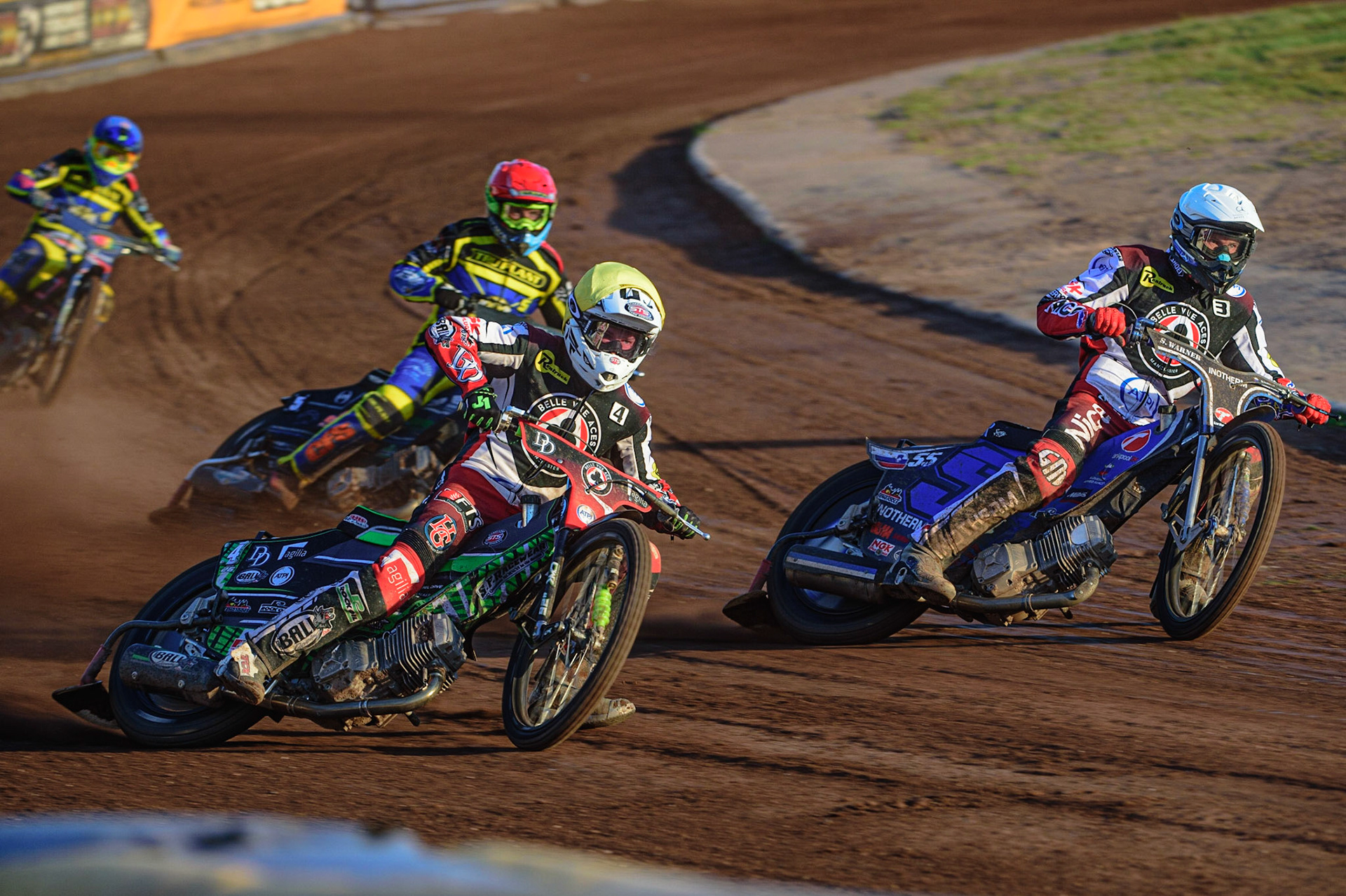 SHEFFIELD, UK. MAY 26TH  Charles Wright  (Yellow) and Matej Žagar  (White) lead Adam Ellis  (Red) and Stefan Nielsen  (Blue) during the SGB Premiership match between Sheffield Tigers and Belle Vue Aces at Owlerton Stadium, Sheffield on Thursday 26th May 2022. (Credit: Ian Charles | MI News)