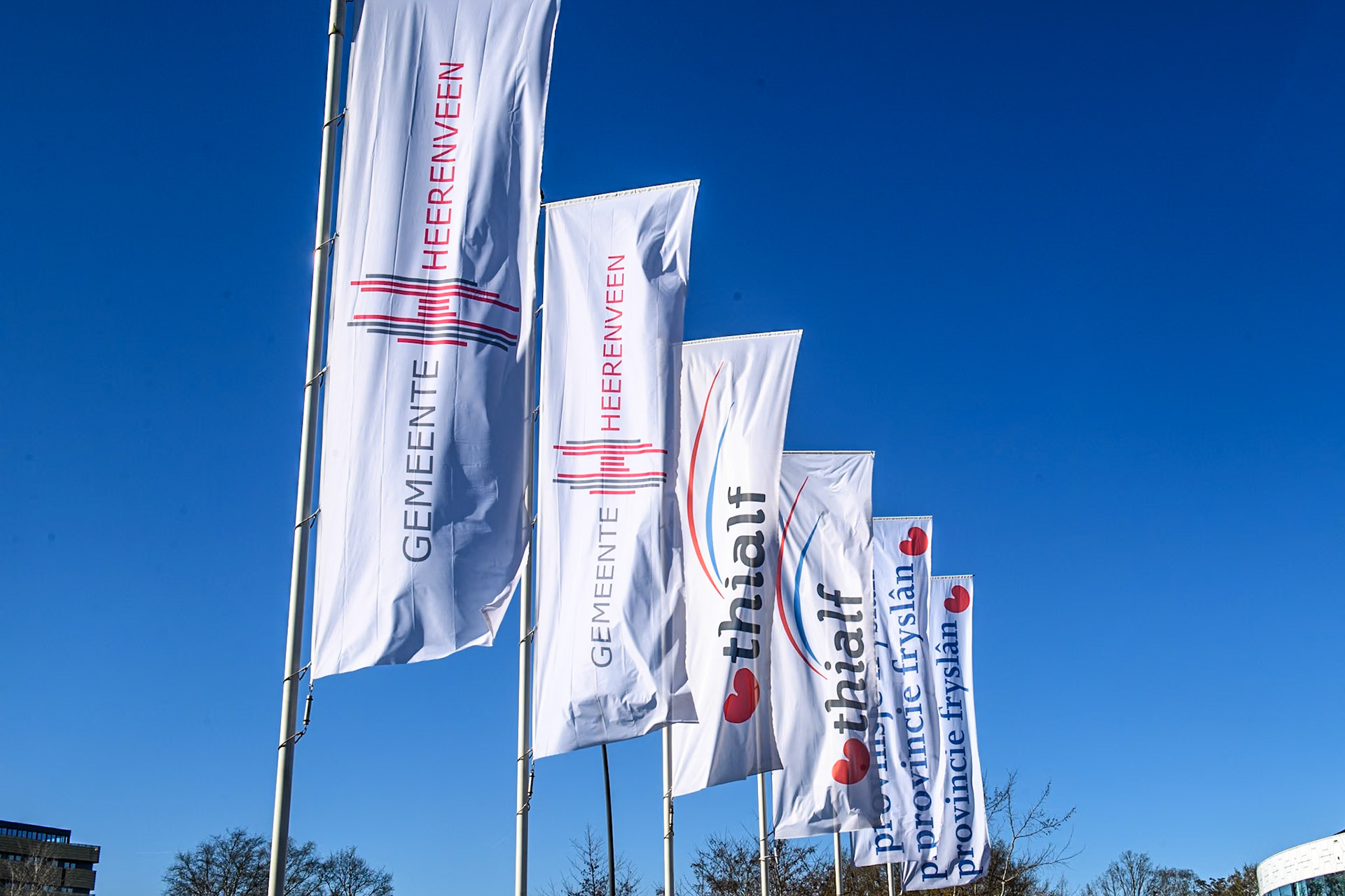 Flags at the entrance to the Thialf stadium during the FIM Ice Speedway Gladiators World Championship, Final 4 at the Ice Stadium, Thialf, Heerenveen on Sunday 6th April 2025. (Photo: Ian Charles | MI News)