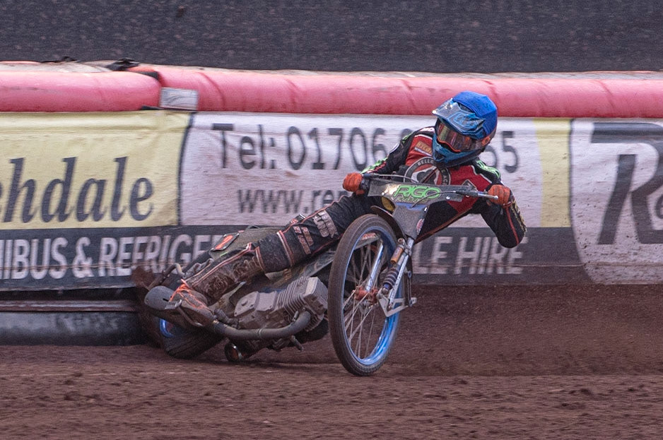 Photo: Ian Charles

Dimitri Bergé  gets into difficulty 

Belle Vue Aces v Ipswich Witches, British Speedway Premiership, Belle Vue National Speedway Stadium, Manchester, Monday 3  June  2019