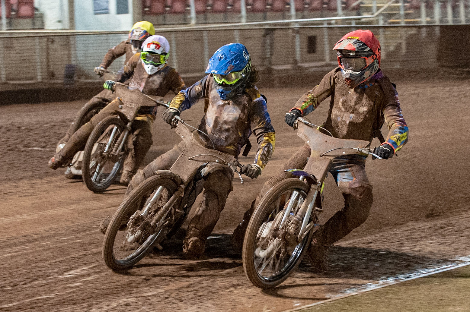 Photo: Ian CharlesFinal: Rory Schlein (Red)  hits the first turn inside Richard Lawson  (Blue) with Jason Crump (White)  and Chris Harris   (Yellow) behindSports Insure British Speedway Championship Final, National Speedway Stadium, Manchester Monday  28  September  2020