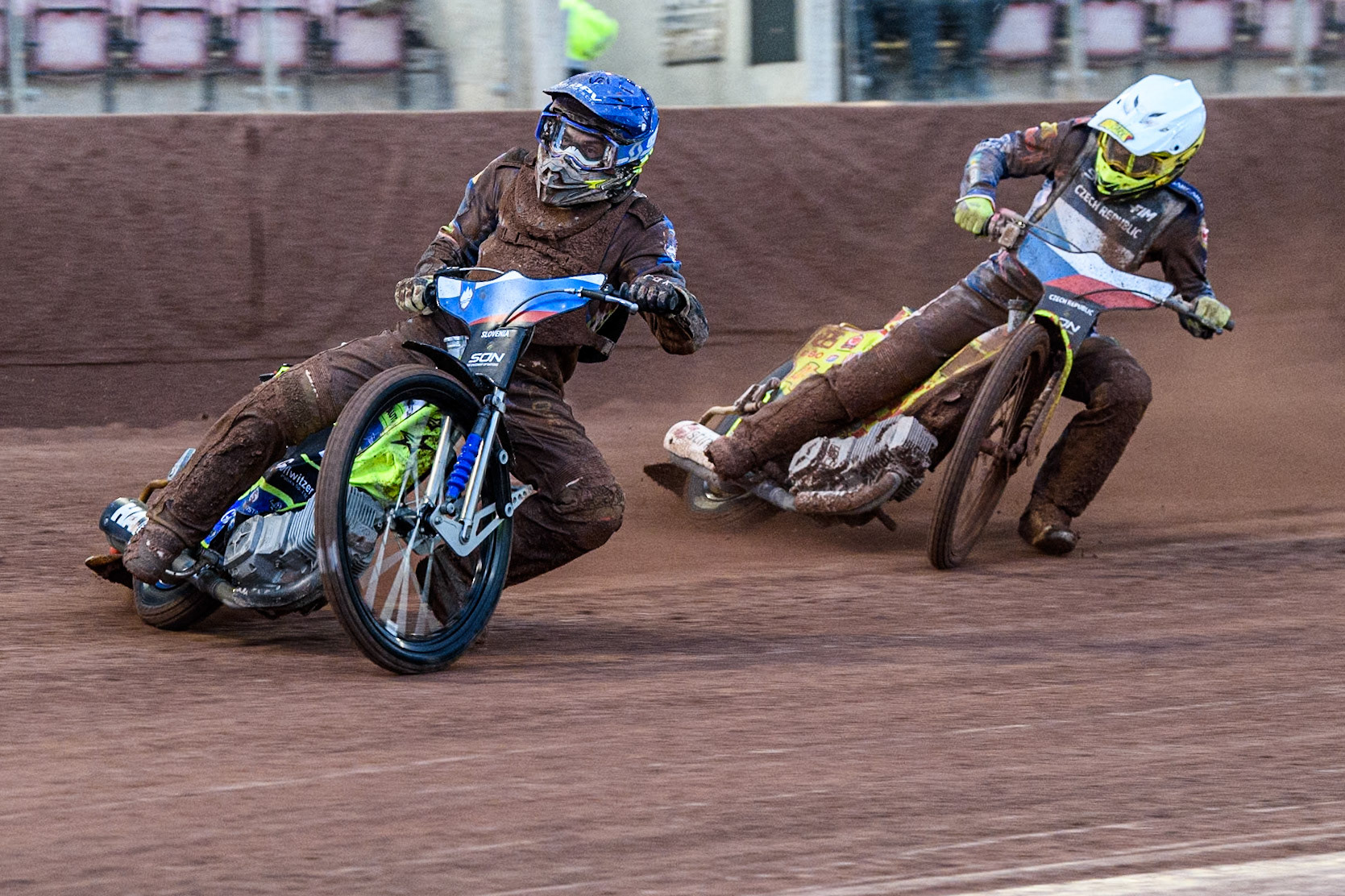 Matic Ivacic of Slovenia in Blue leading Vaclav Milik of The Czech Republic in White during the Monster Energy FIM Speedway of Nation Semi Final 2 at the National Speedway Stadium, Manchester on Wednesday 10th July 2024. (Photo: Ian Charles | MI News)