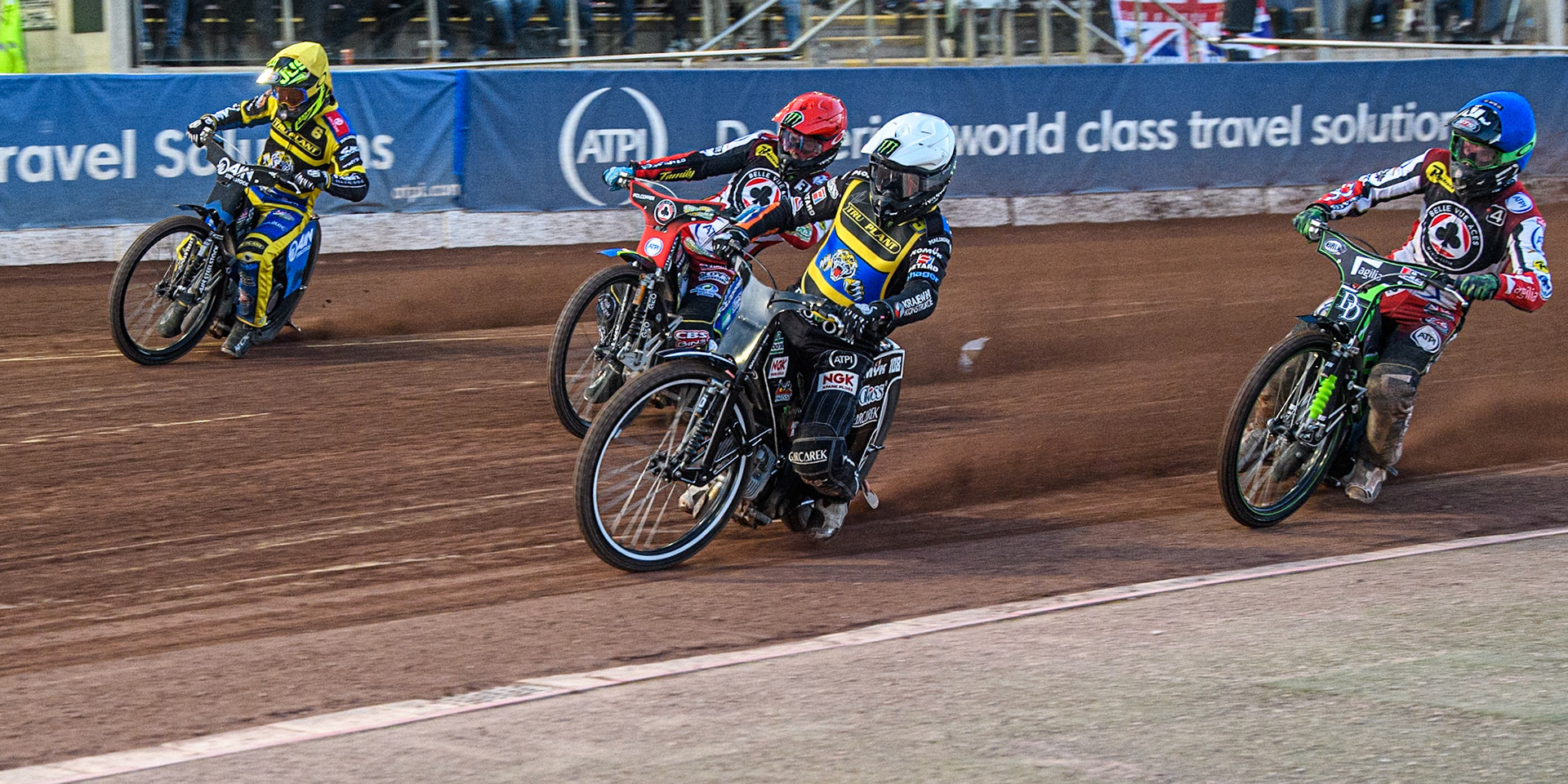 Tai Woffinden (White) leads Charles Wright (Blue), Jaimon Lidsey (Red) and Lewis Kerr  (Yellow) during the Sports Insure Premiership match between Belle Vue Aces and Sheffield Tigers at the National Speedway Stadium, Manchester on Monday 7th August 2023. (Photo: Ian Charles | MI News)